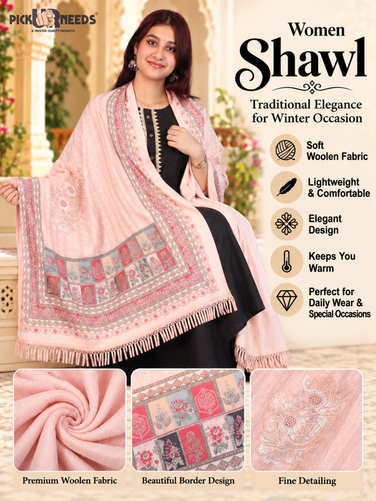 Pick Ur Needs Premium Soft Woolen Women & Girls Stylish Shawl with Elegant Design for Winter & Wedding