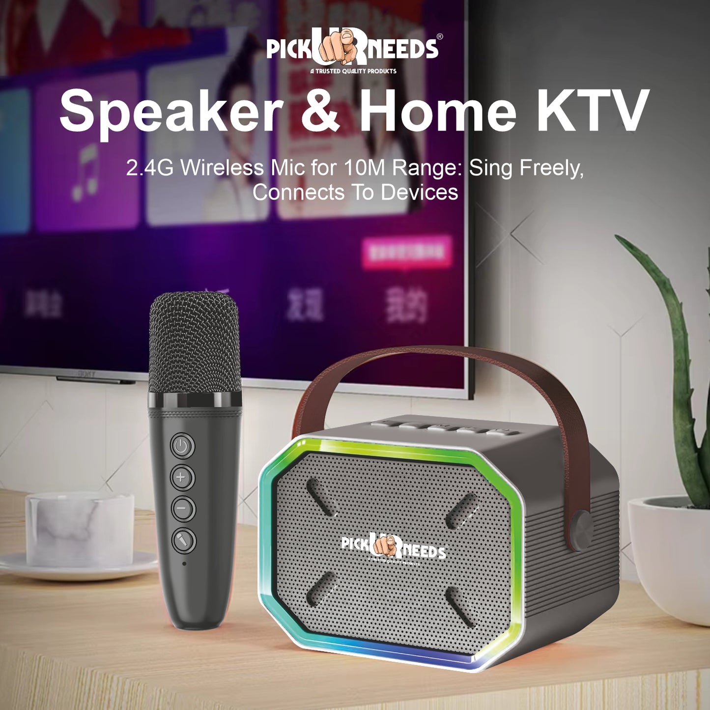 Pick Ur Needs 15W Portable Bluetooth Karaoke Speaker with Mic, 2000mAh Battery, Type-C Charging, RGB Lights, TF Card, Stereo Sound – Wireless Karaoke System (Black)