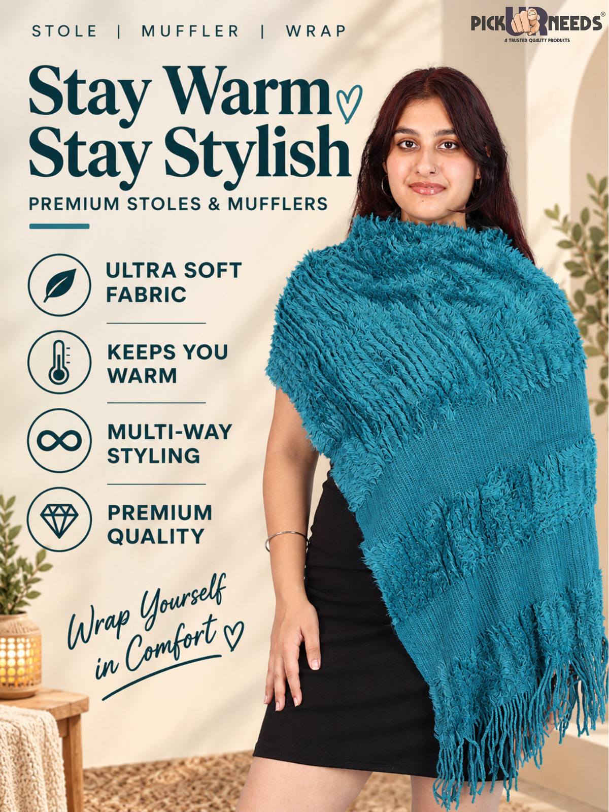 Pick Ur Needs Warm Winter Shawl & Stole for Women & Girls Soft Textured Woven Wrap with Fringe Detailing