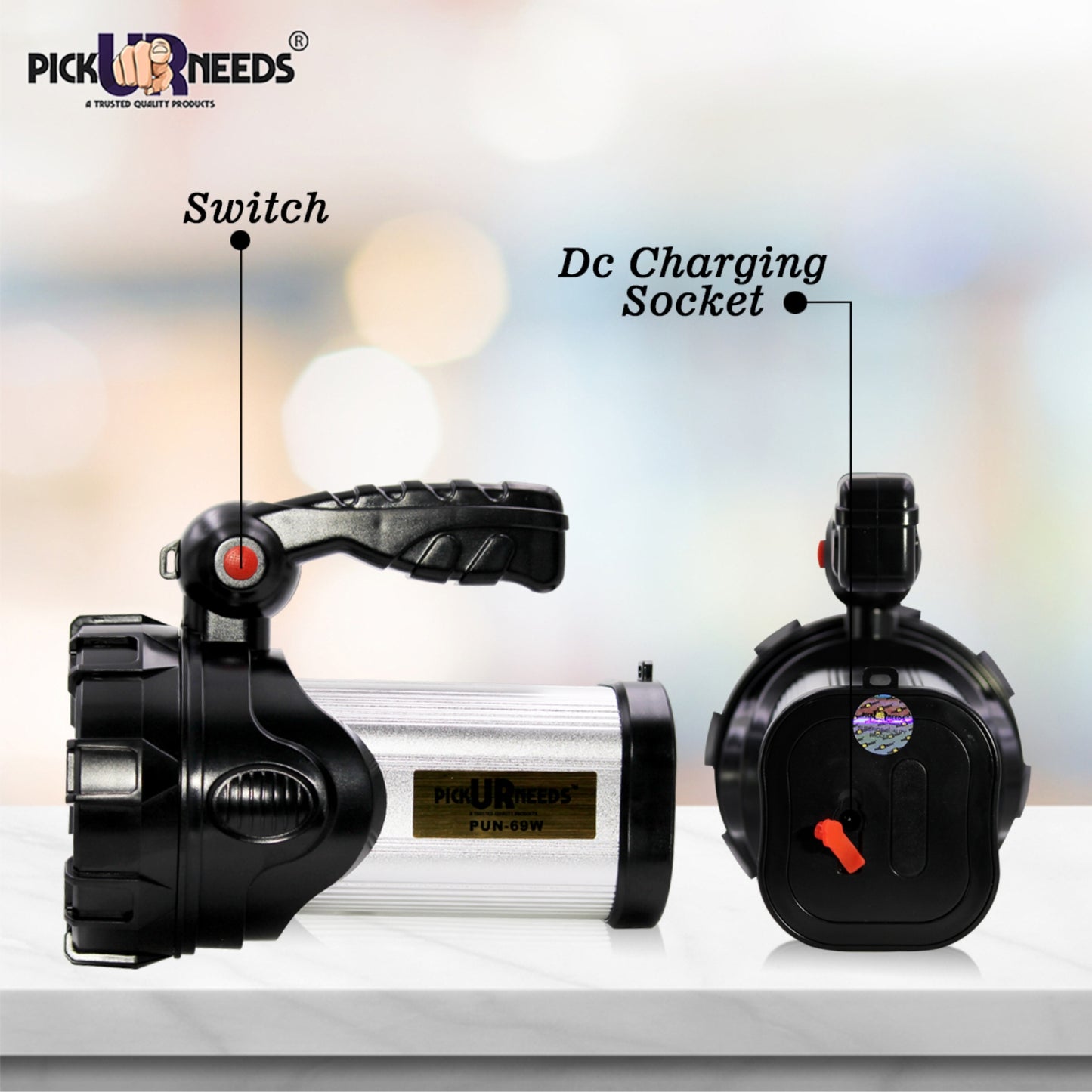 Pick Ur Needs 250W Kissan Long Range Rechargeable Emergency Search Torch | High Power LED Spotlight | 4500mAh Lithium Battery | Handheld Torch with Charger