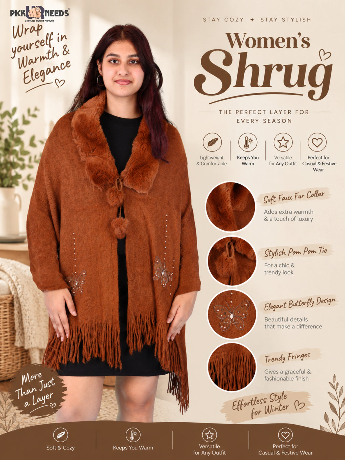 Pick Ur Needs Womens Faux Fur Collar Shrug with Pom Pom Tie Shawl Elegant Fringed Winter Wrap for Women & Girls