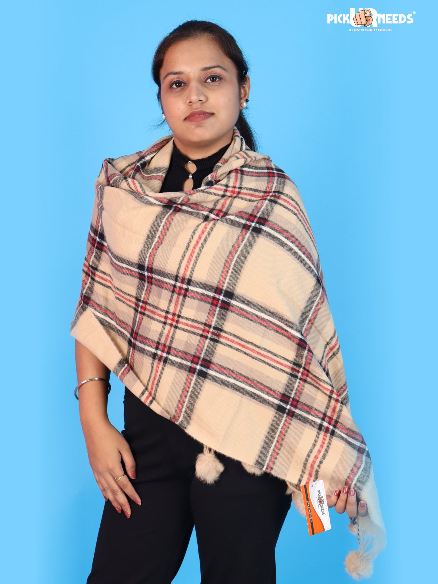 Pick Ur Needs Premium Womens Fashion Stole with Contemporary Check Weave, Decorative Fur Pom Tassels & Multi-Style Winter Wrap Shawl