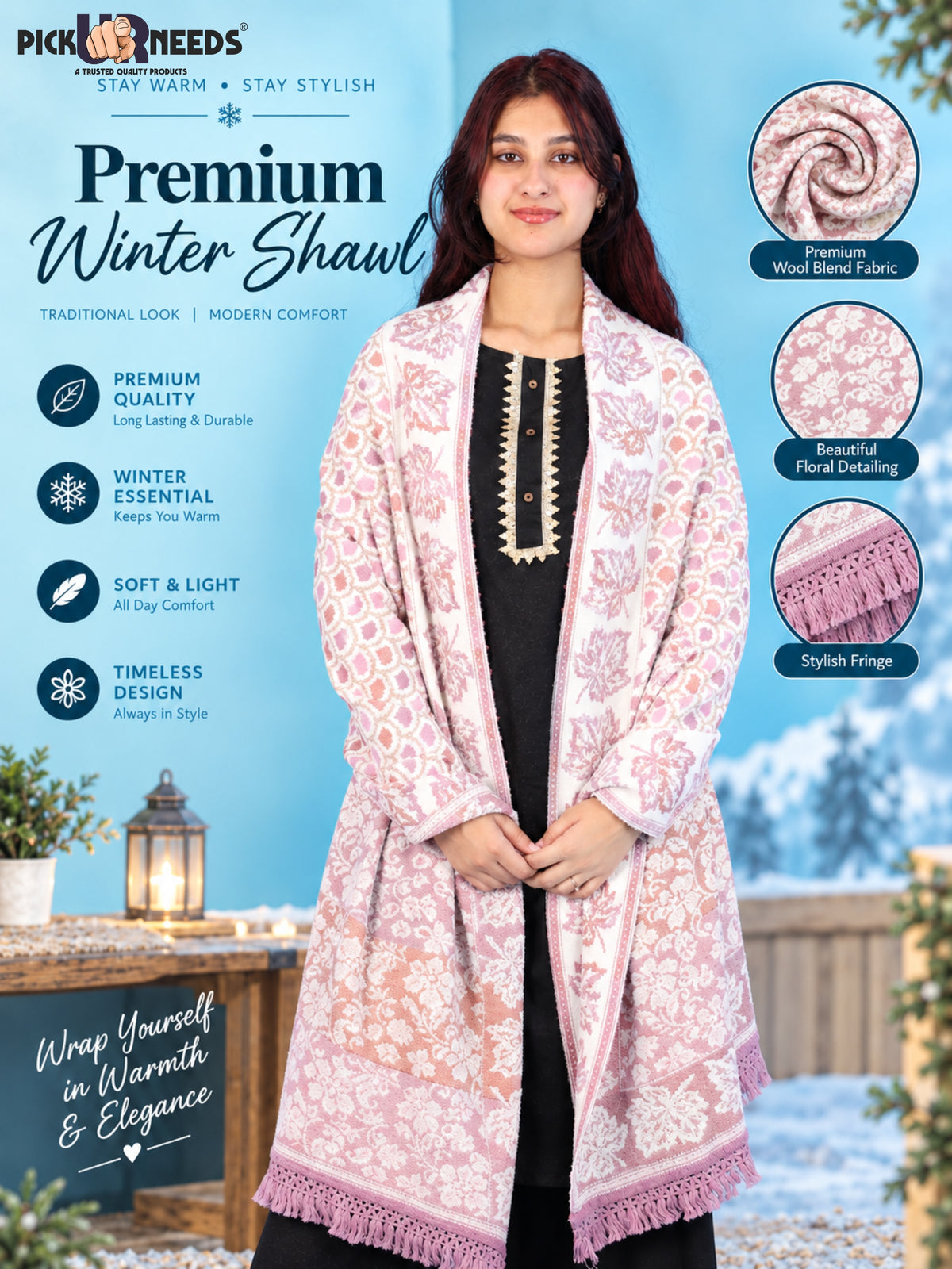 Pick Ur Needs Womens & Girls Winter Premium Shawl Floral Patterned Wool Blend Wrap with Decorative Border & Fringe Finish