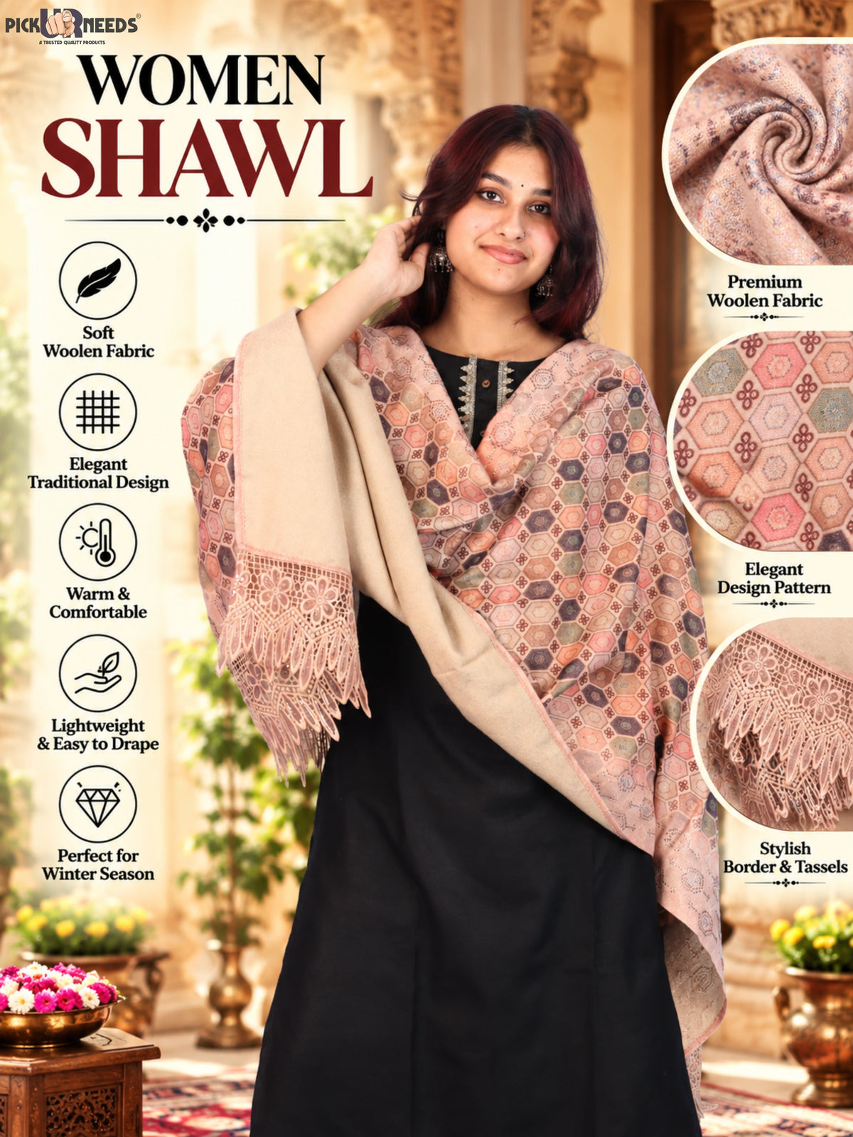 Pick Ur Needs Premium Stylish Womens & Girls Elegant Woolen Shawl Soft Warm Printed Stole with Lace Tassels