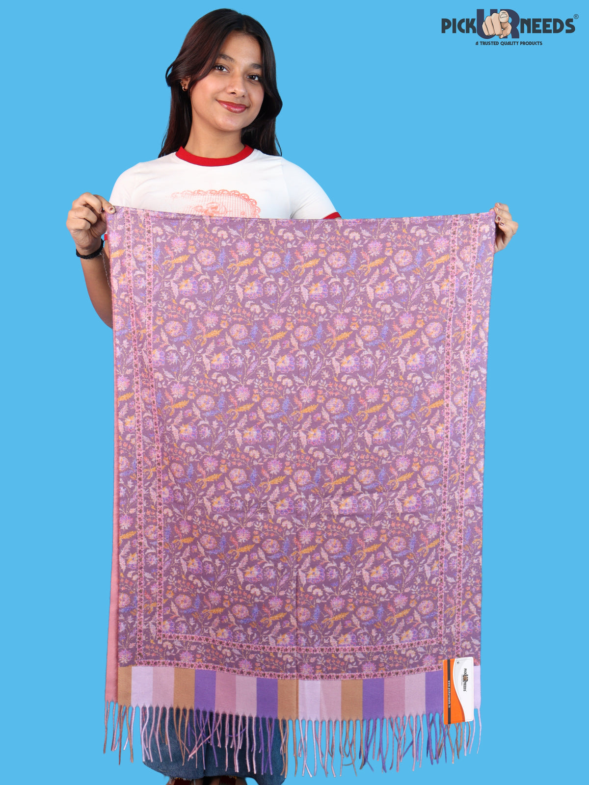Pick Ur Needs Women & Girls Soft Woolen Shawl Elegant Floral Design Winter Neck Scarf with Decorative Border & Fringes