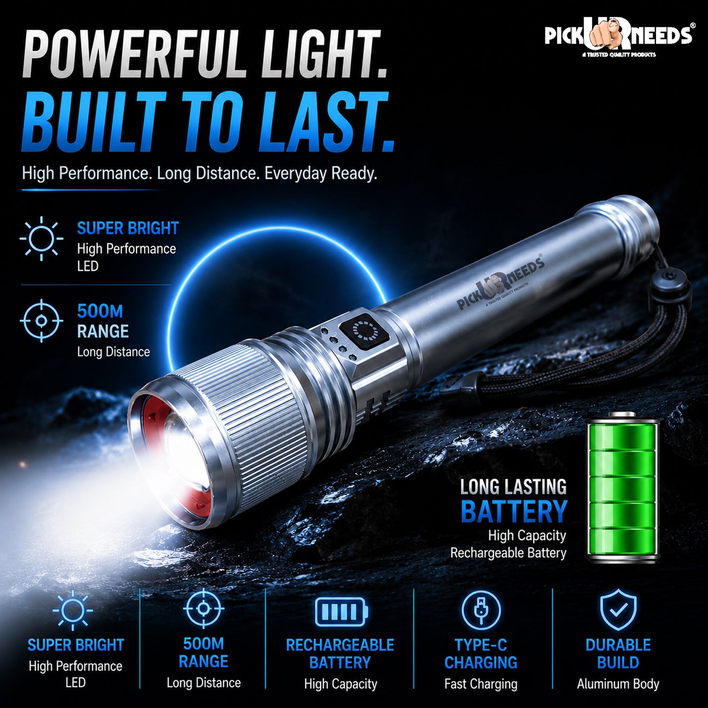 Rechargeable Emergency Pick Ur Needs Metal Torch Light with 4000mAh Battery Long Range Backup Searchlight with 4 Light Modes
