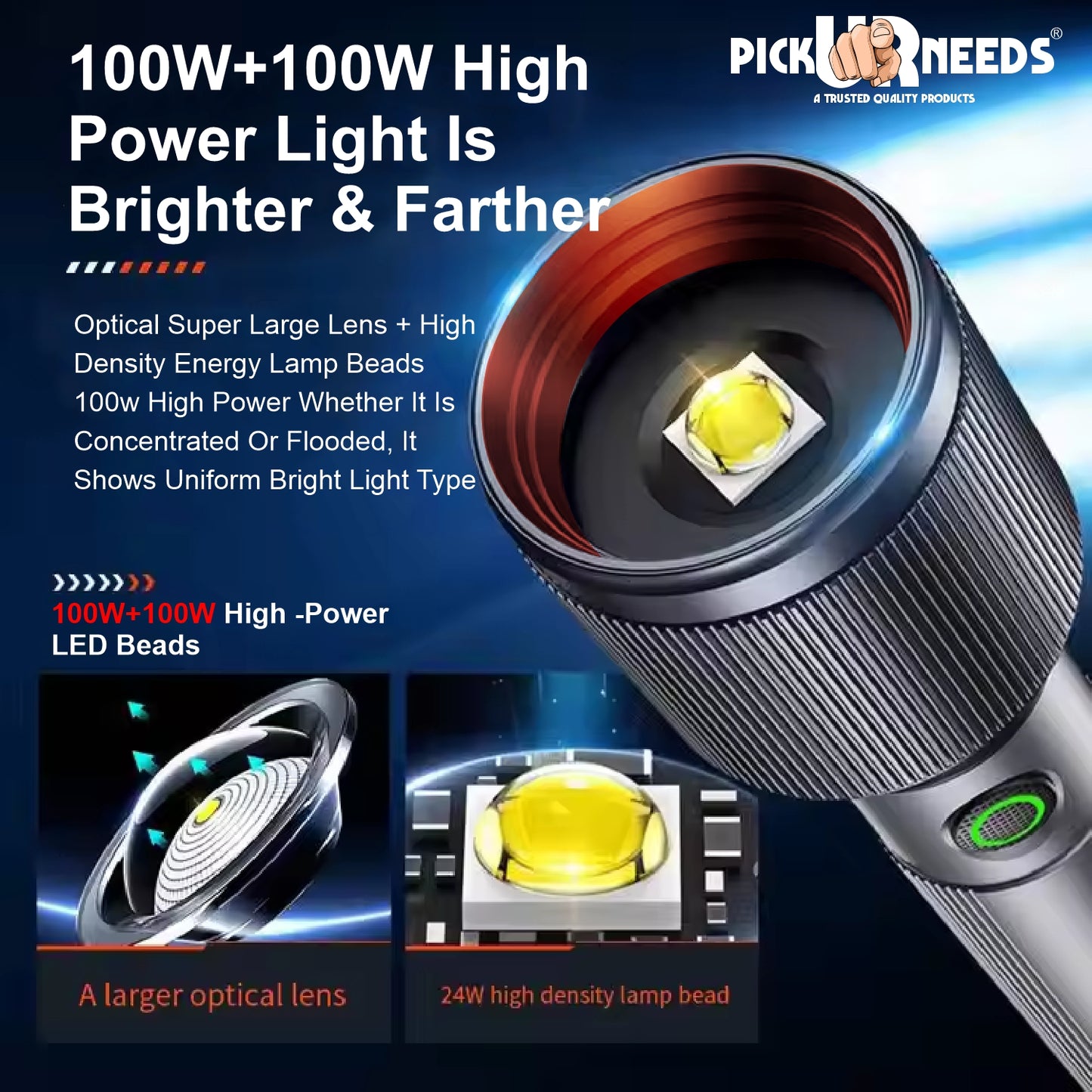 Pick Ur Needs 100W+100W LED Rechargeable Long Range Torch Light with 5 Lighting Modes Flashlight 1500mAh Battery Searchlight for Camping, Outdoor, Hiking, Emergency Use