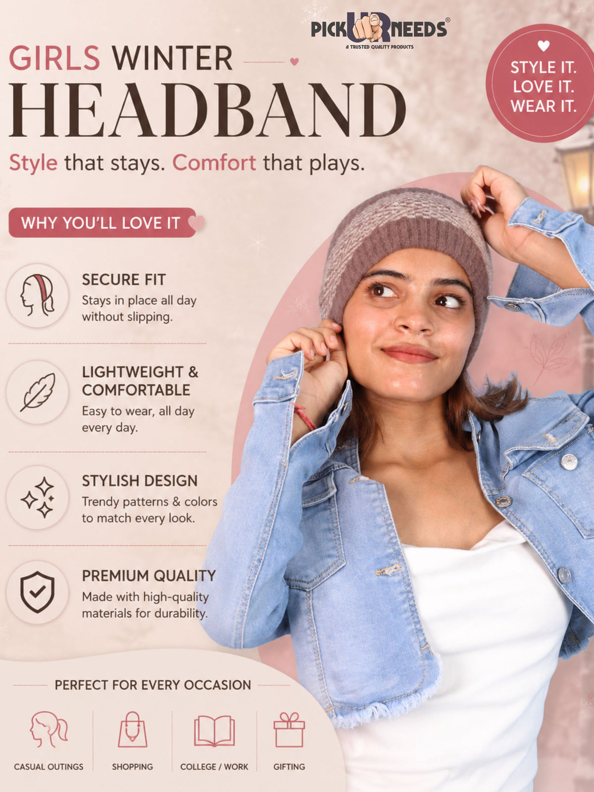 Pick Ur Needs Unisex Winter Headband Ear Warmer For Women & Men Soft Stretch Warm Head Wrap with Geometric Pattern