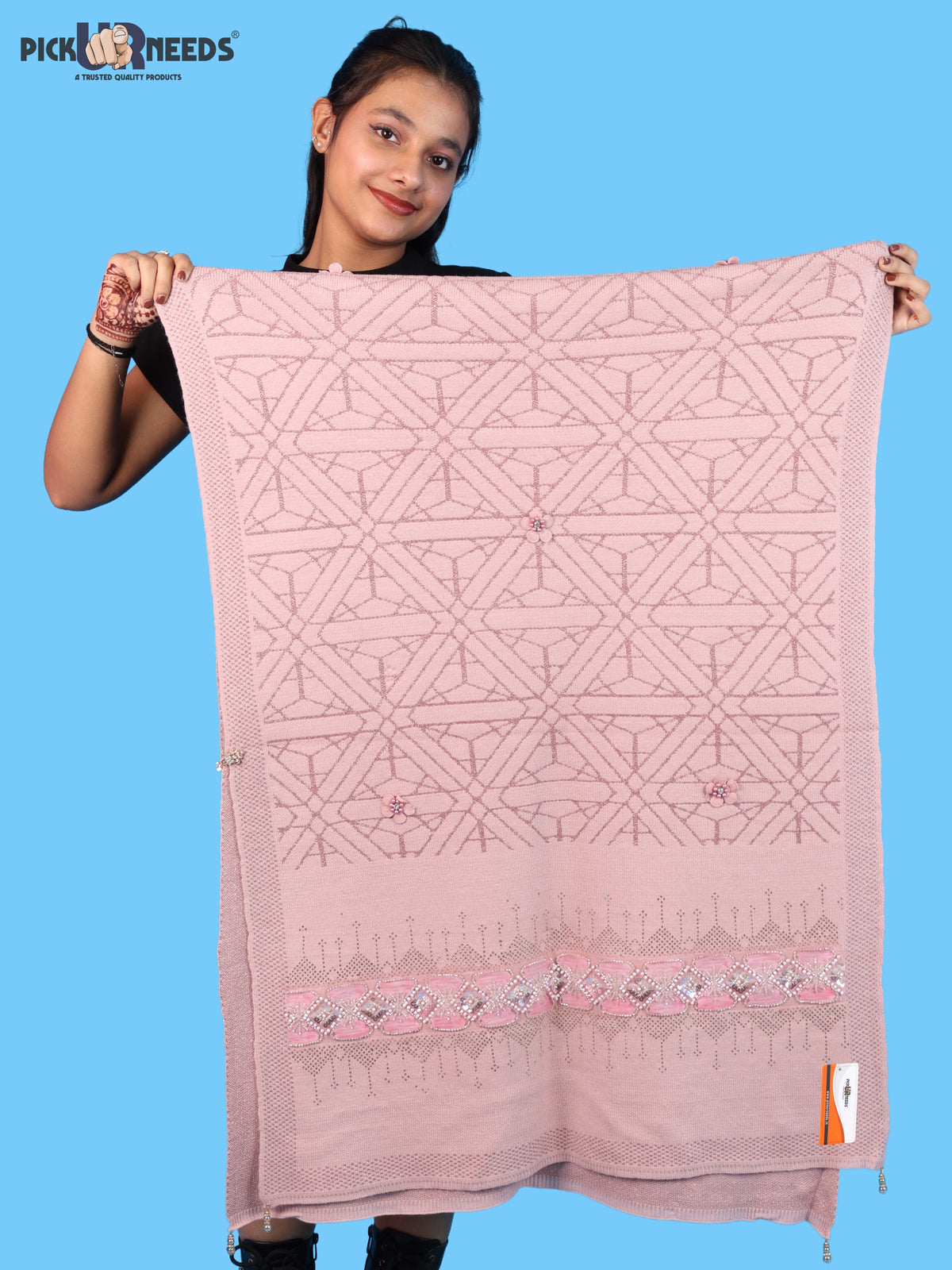 Pick Ur Needs Womens Soft Woolen Winter Girls Shawl with Elegant Geometric Design & Floral Embellishments Lightweight Warm Comfortable Ladies Shawl