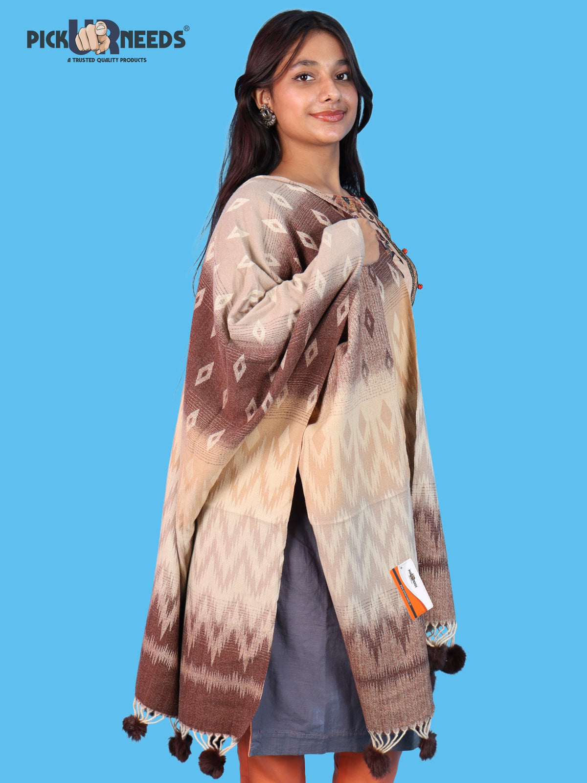 Pick Ur Needs Women Winter Shawl Soft Warm Geometric Printed Woolen Style Stole with Pom Pom Tassels Stylish Long Wrap Muffler for Women & Girls