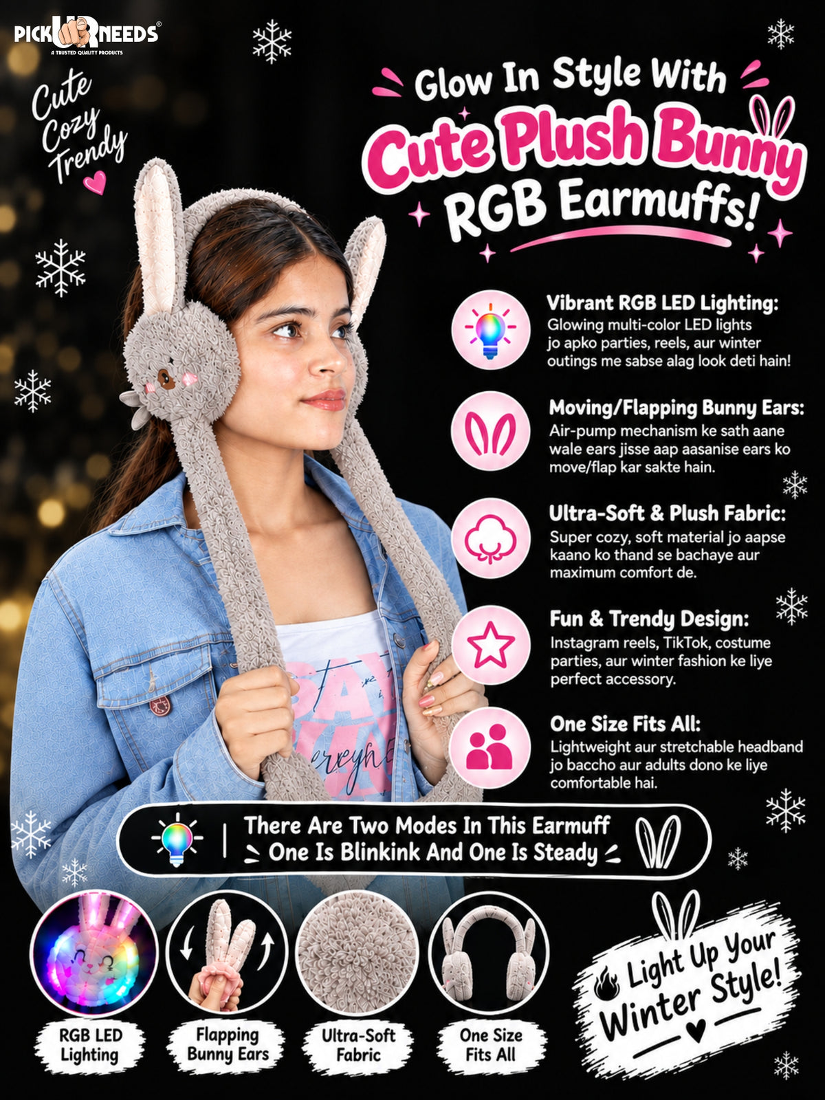 Pick Ur Needs Plush Bunny Cute Earmuffs for Girls & Women with RGB LED Lights,Ultra Soft Warm Winter Moving Flapping Ears Muffs