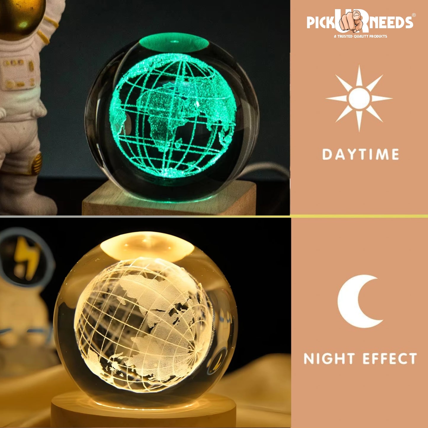 Pick Ur Needs 3D Galaxy Laxmi Ganesh Crystal Ball Night Light– Beech Wood Base– Decor for Home Night Lamp  (9.5 cm, Gold)