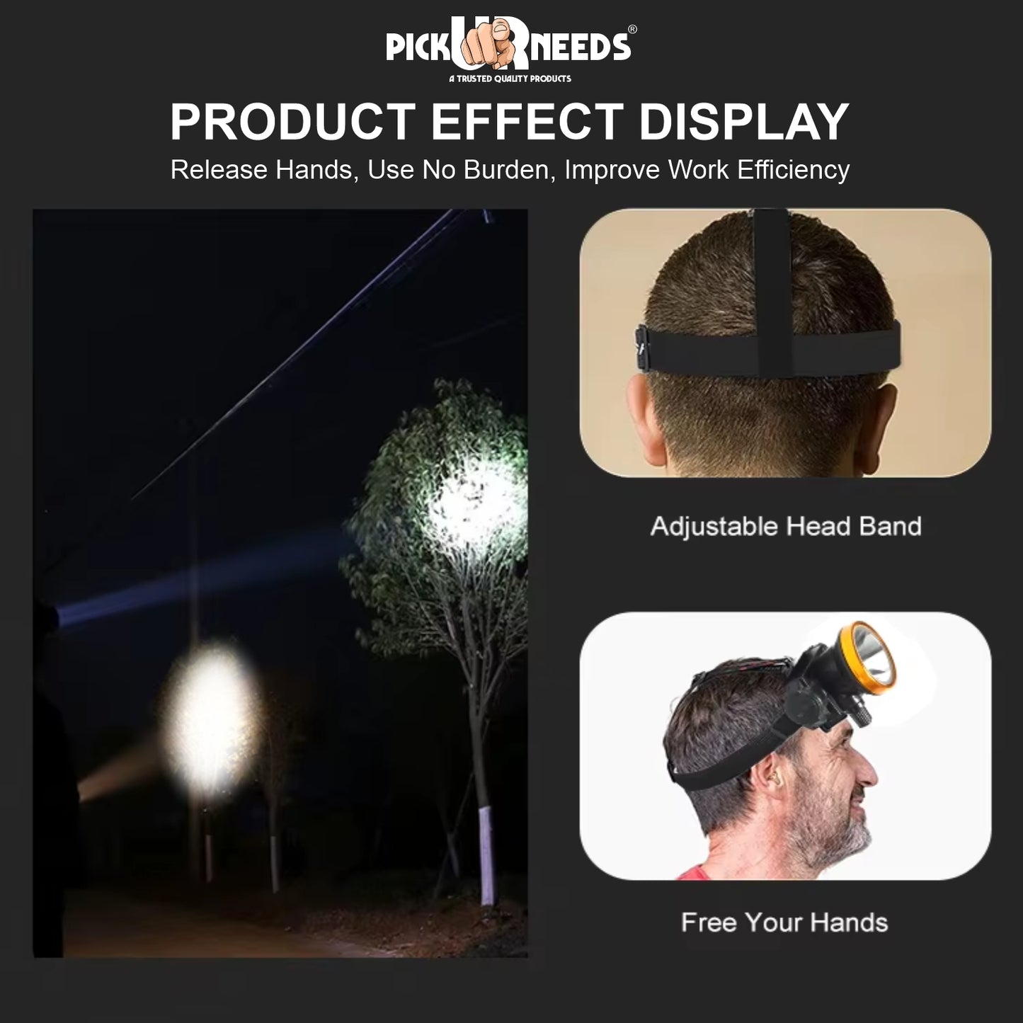 Pick Ur Needs 50W Rechargeable Emergency LED Headlamp Torch | 1200mAh Battery | 3 Light Modes | Long Range White Light | 4H Backup | Type C Charging Head Light for Camping, Fishing & Hiking
