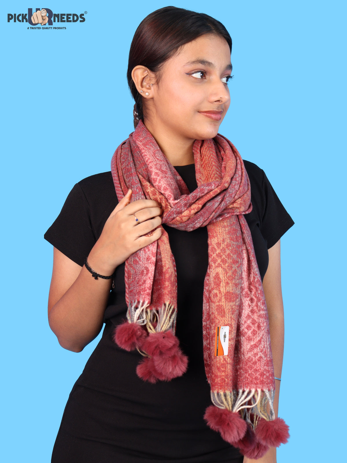 Pick Ur Needs Soft Woolen Designer Winter Shawl with Beautiful Floral Pattern & Pom Pom Tassels For Girls & Womens