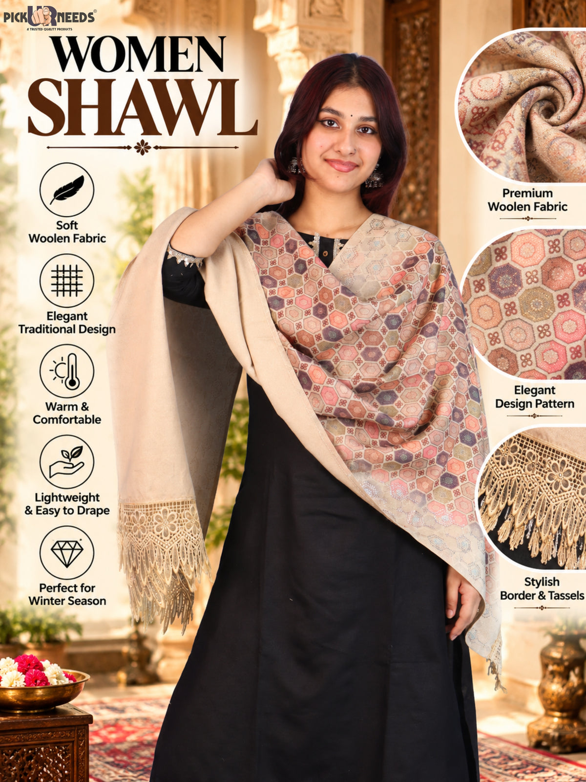 Pick Ur Needs Premium Stylish Womens & Girls Elegant Woolen Shawl Soft Warm Printed Stole with Lace Tassels