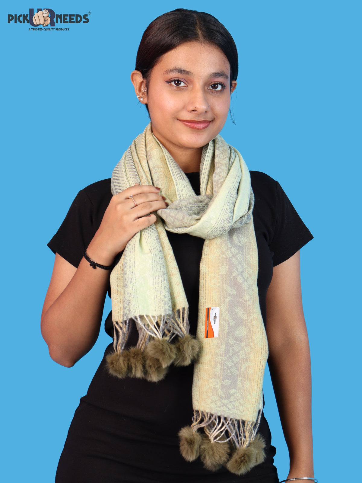 Pick Ur Needs Soft Woolen Designer Winter Shawl with Beautiful Floral Pattern & Pom Pom Tassels For Girls & Womens