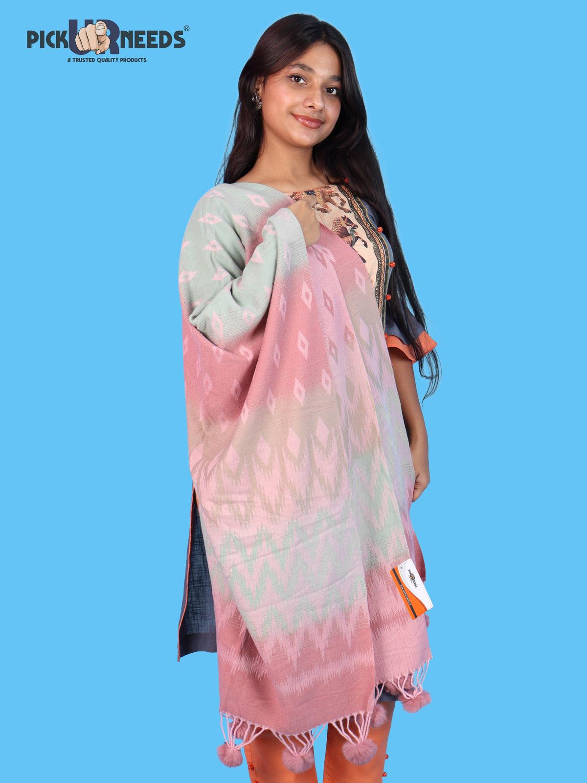 Pick Ur Needs Women Winter Shawl Soft Warm Geometric Printed Woolen Style Stole with Pom Pom Tassels Stylish Long Wrap Muffler for Women & Girls