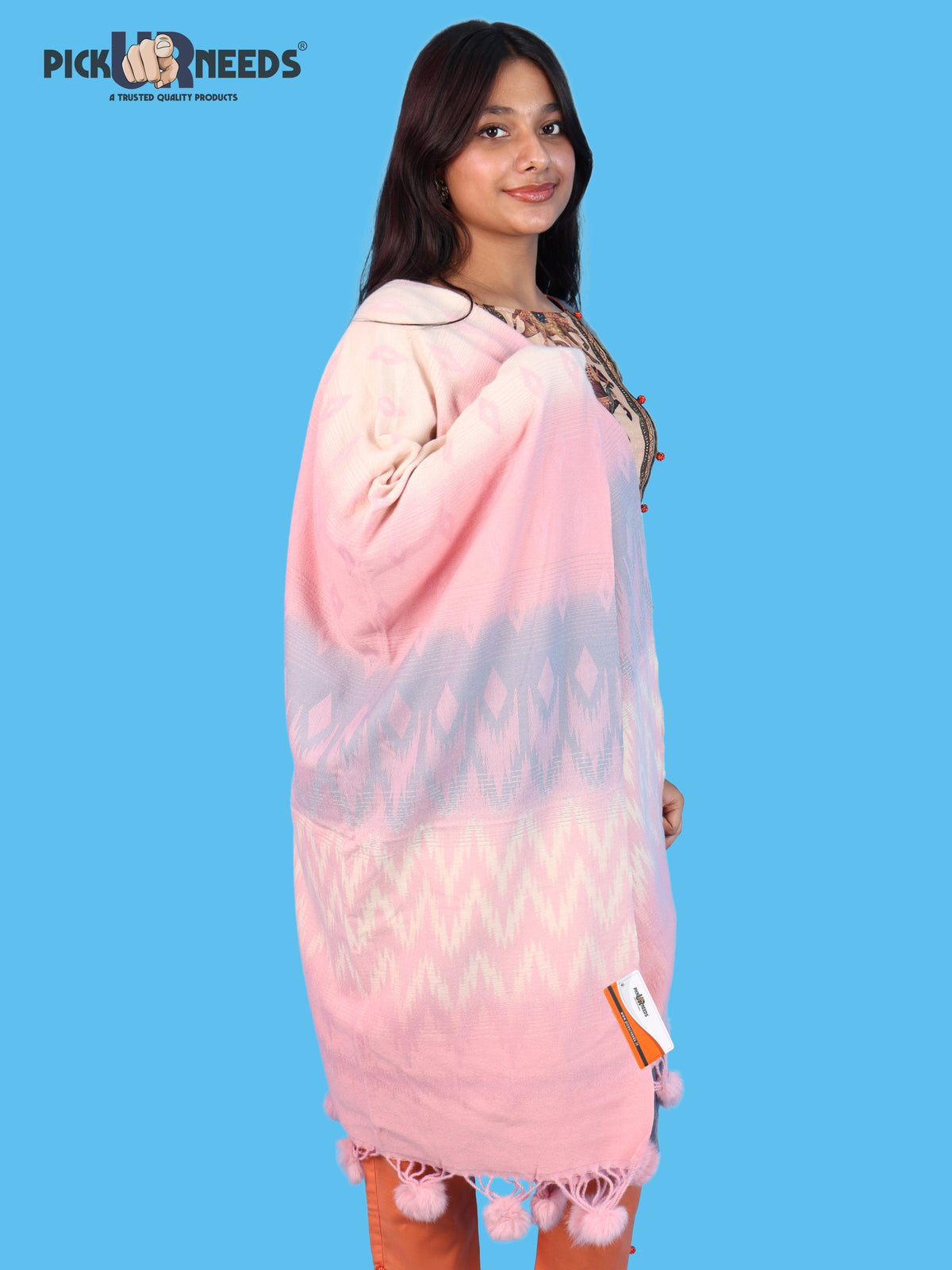 Pick Ur Needs Women Winter Shawl Soft Warm Geometric Printed Woolen Style Stole with Pom Pom Tassels Stylish Long Wrap Muffler for Women & Girls