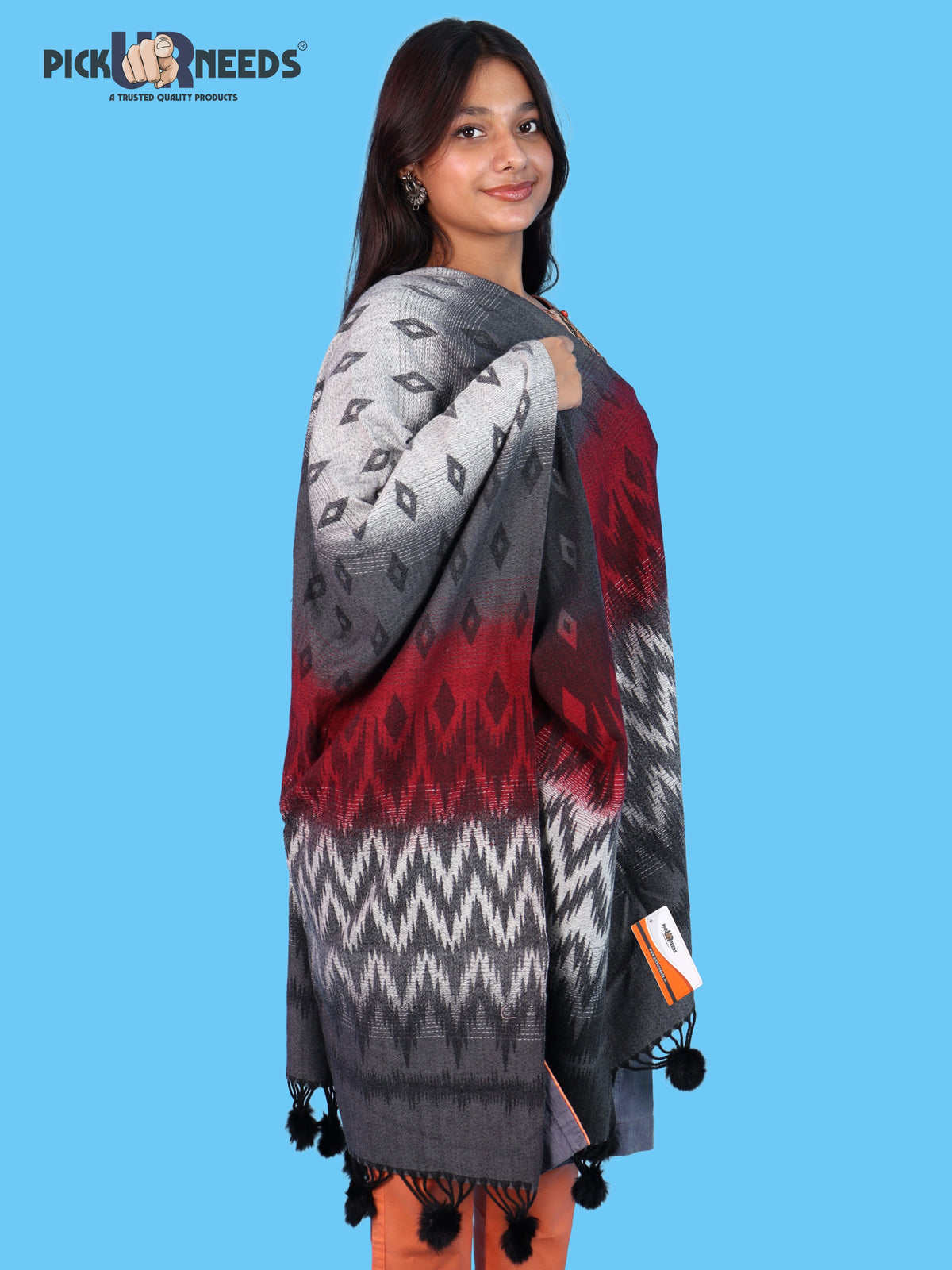 Pick Ur Needs Women Winter Shawl Soft Warm Geometric Printed Woolen Style Stole with Pom Pom Tassels Stylish Long Wrap Muffler for Women & Girls