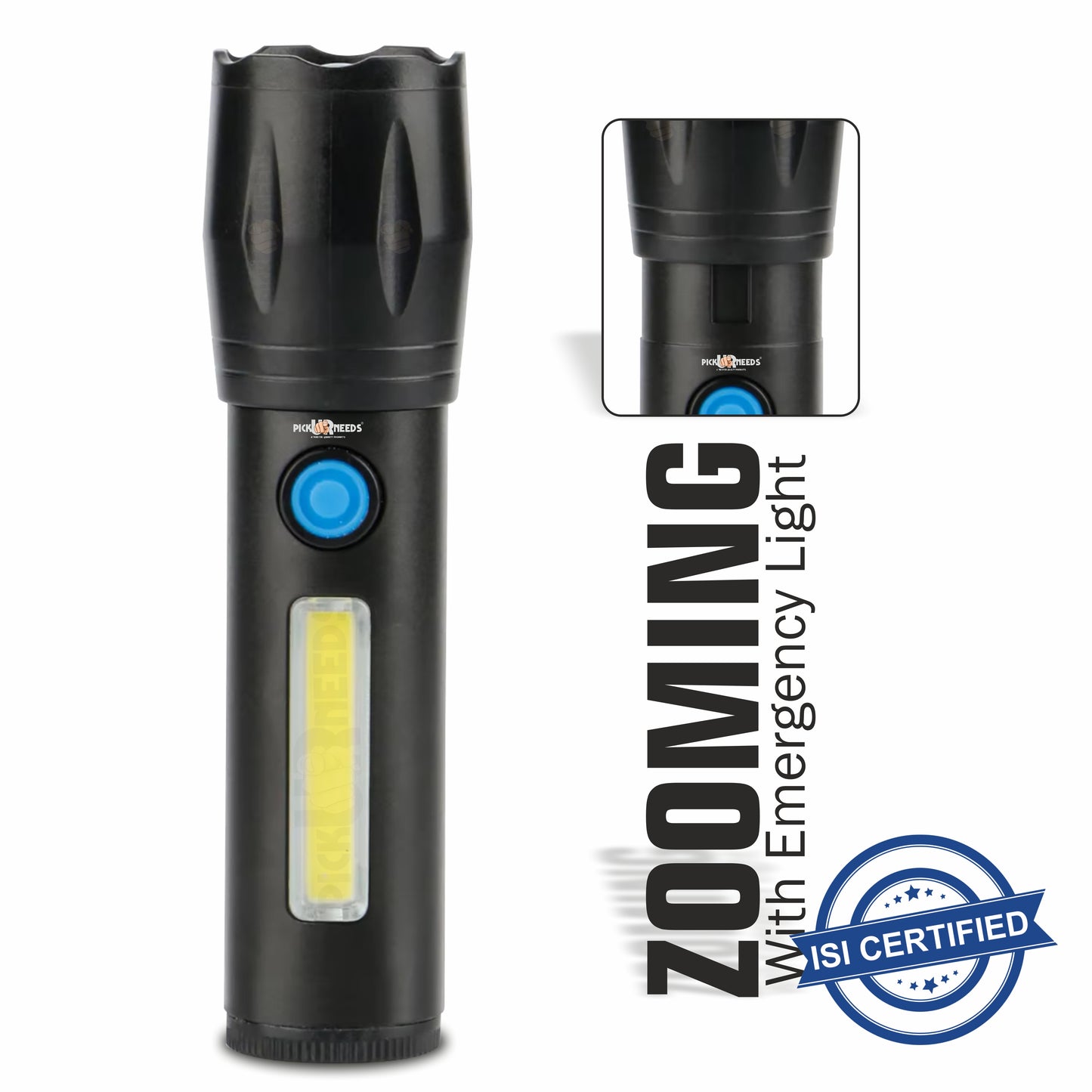 Pick Ur Needs Zoomable Mini Pocket Torch With Strong Brightness 3 Mode Light + Side COB Light 3 hrs Torch Emergency Light