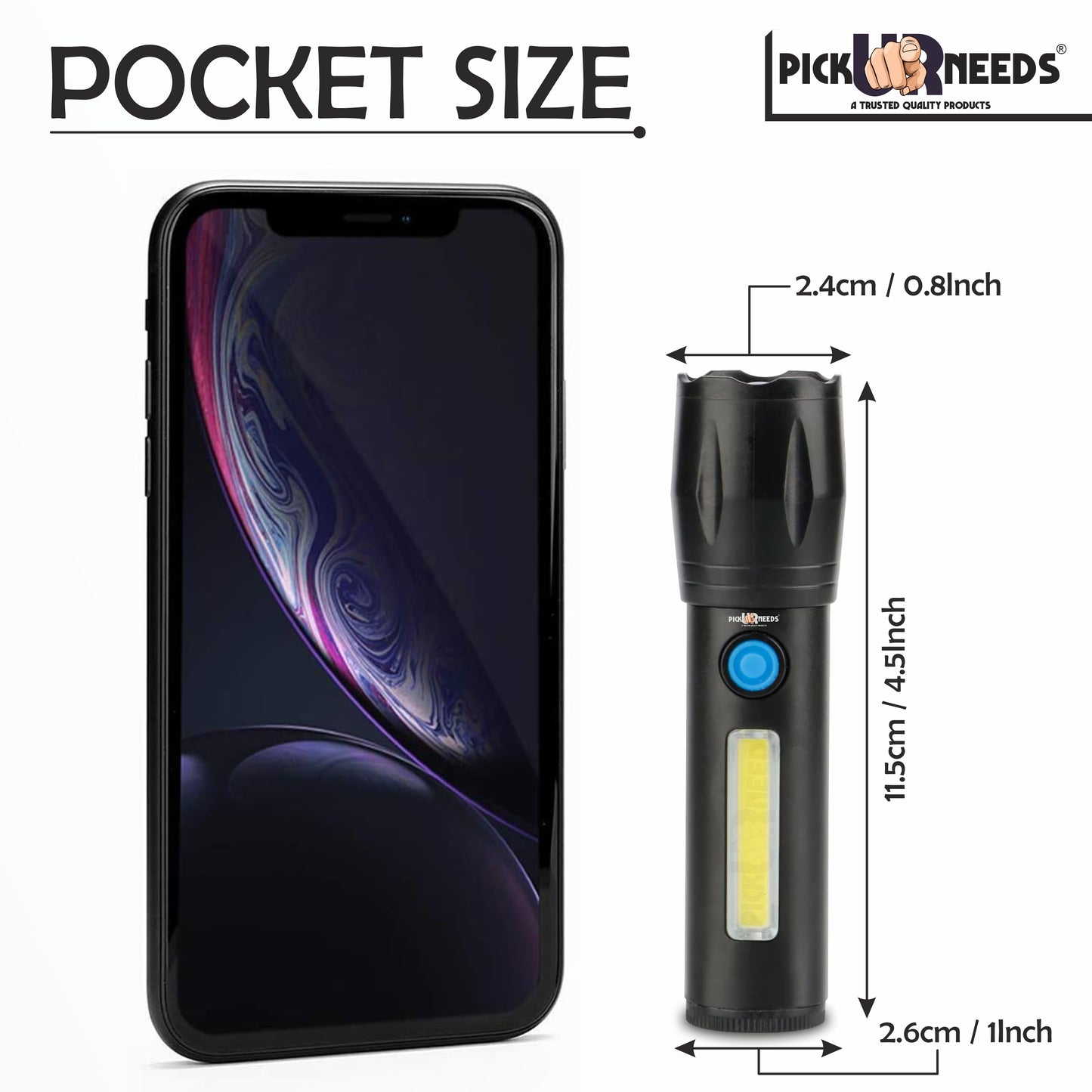 Pick Ur Needs Zoomable Mini Pocket Torch With Strong Brightness 3 Mode Light + Side COB Light 3 hrs Torch Emergency Light