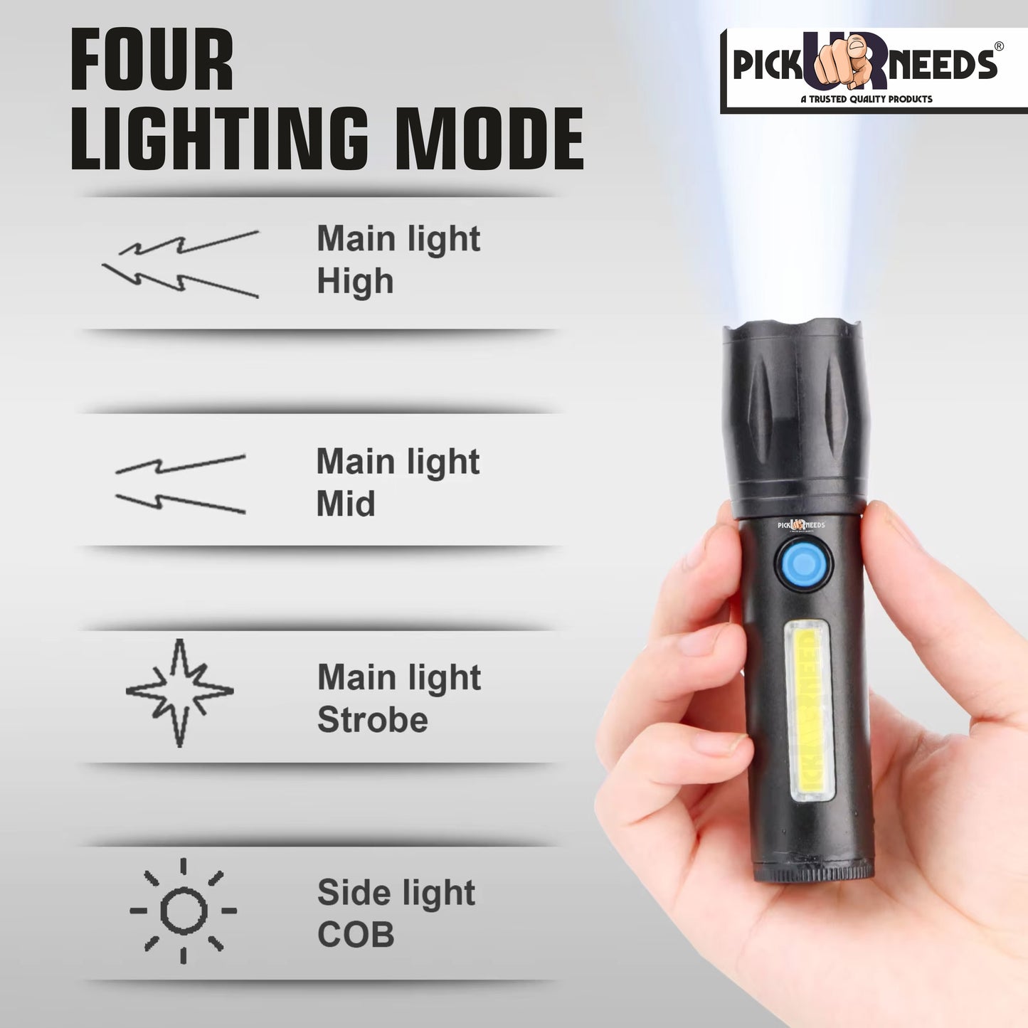 Pick Ur Needs Zoomable Mini Pocket Torch With Strong Brightness 3 Mode Light + Side COB Light 3 hrs Torch Emergency Light