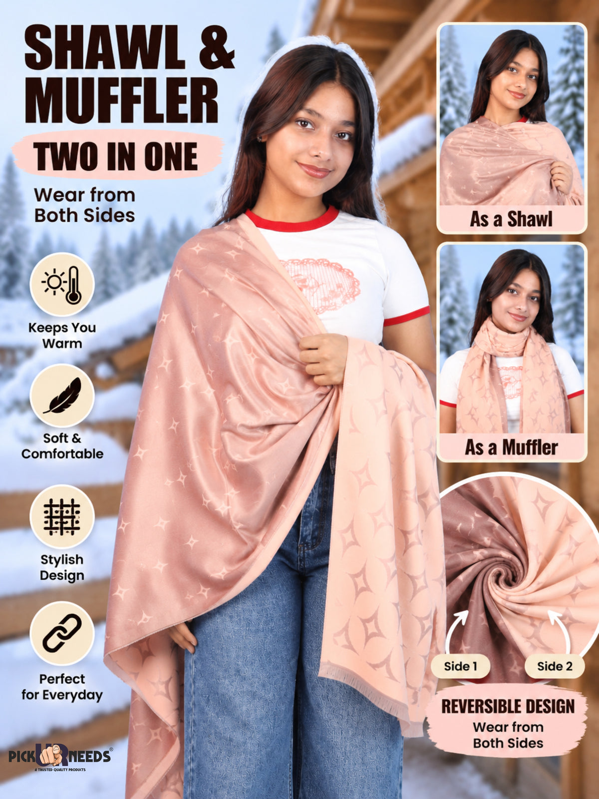 Pick Ur Needs Premium Womens 2-in-1 Reversible Shawl Stylish Printed Winter Shawls for Girls Soft Warm Woolen Stole