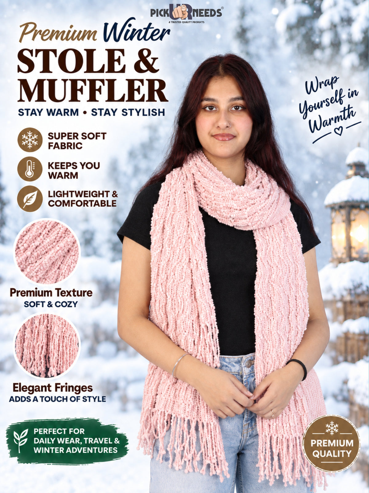 Pick Ur Needs Premium Winter Stole & Muffler for Women Soft Woven Textured Wrap with Elegant Fringes Warm Shawl