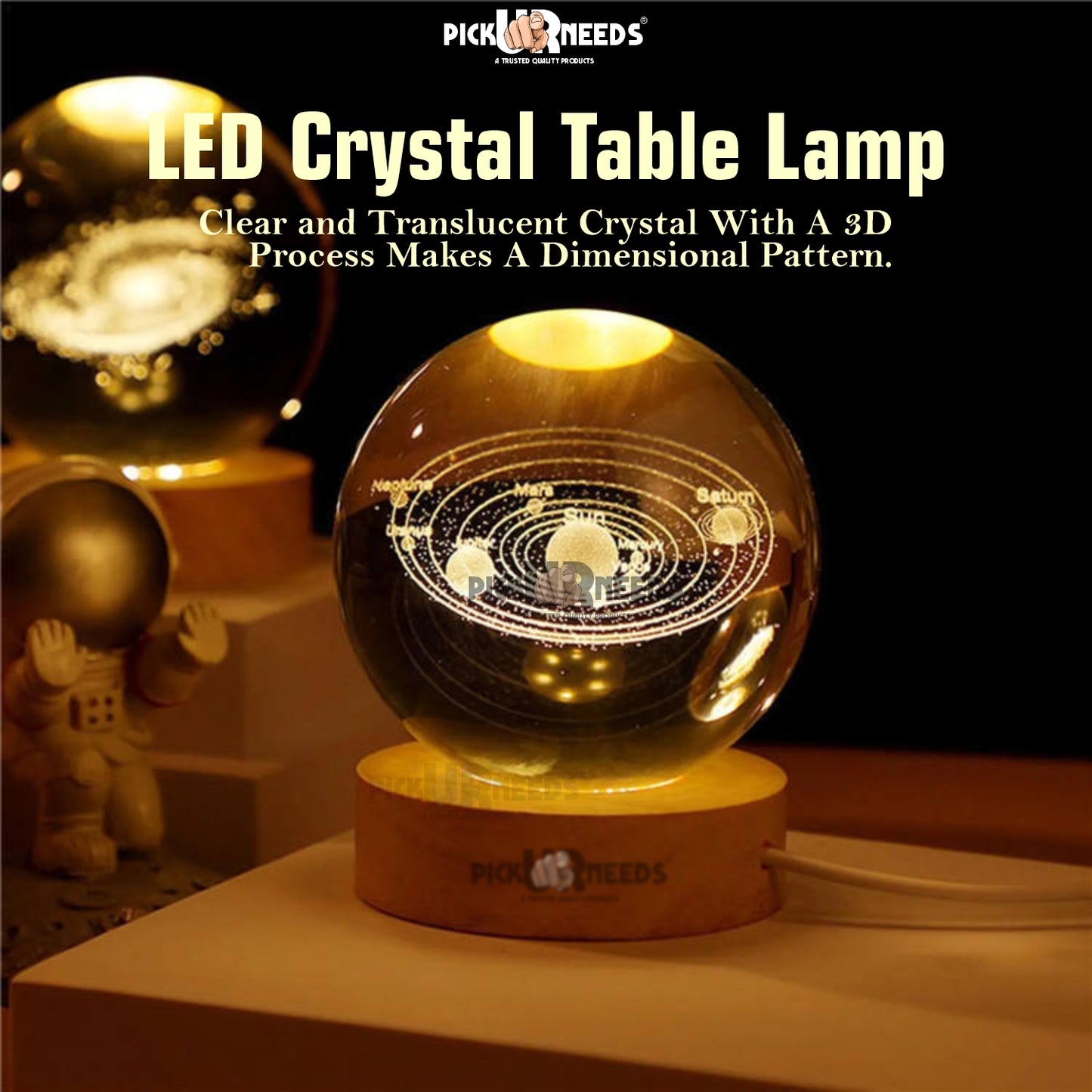 Pick Ur Needs 3D Galaxy Laxmi Ganesh Crystal Ball Night Light– Beech Wood Base– Decor for Home Night Lamp  (9.5 cm, Gold)