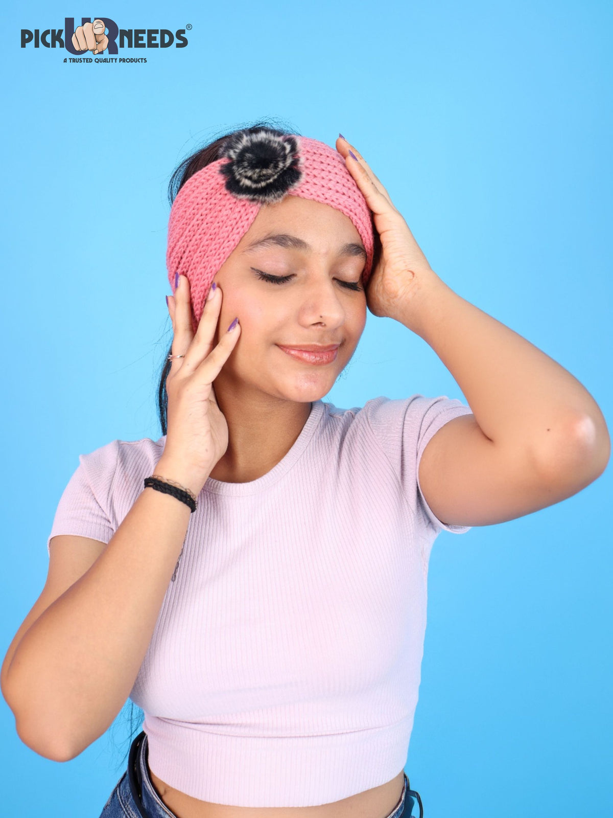 Pick Ur Needs Women & Girls Winter Earmuff Headband Kanpatti with Flower Design Soft Knitted Warm Ear Cover