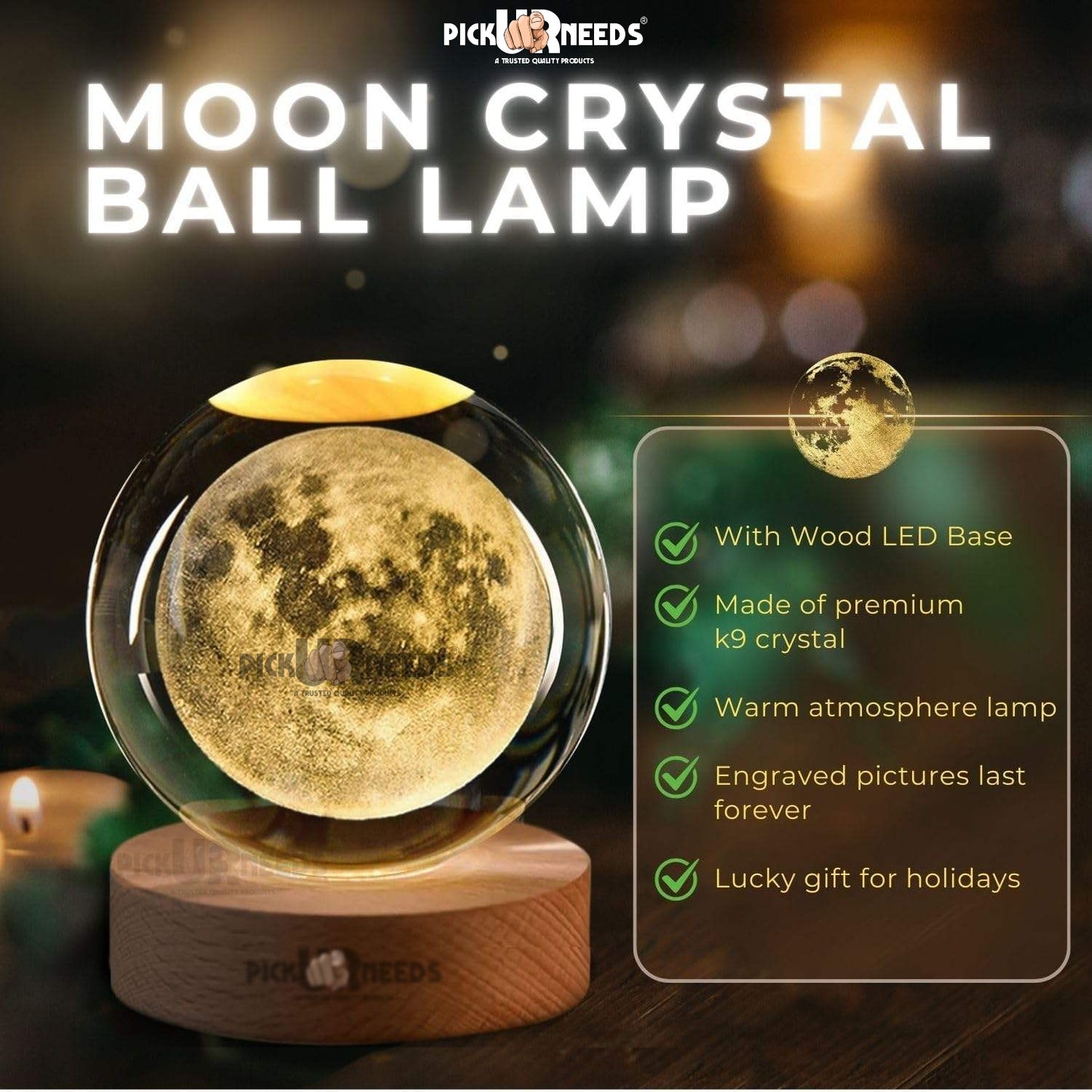 Pick Ur Needs 3D Galaxy Laxmi Ganesh Crystal Ball Night Light– Beech Wood Base– Decor for Home Night Lamp  (9.5 cm, Gold)