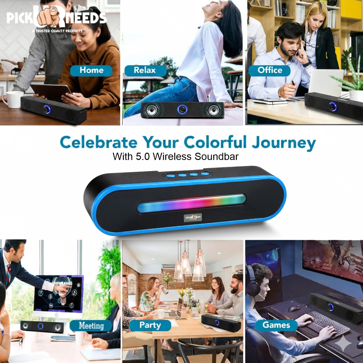 Pick Ur Needs Portable Bluetooth Speaker 1800mAh with RGB LED Lights | Wireless Speaker with USB, TF Card & AUX | Deep Bass Sound Bar for Home & Outdoor