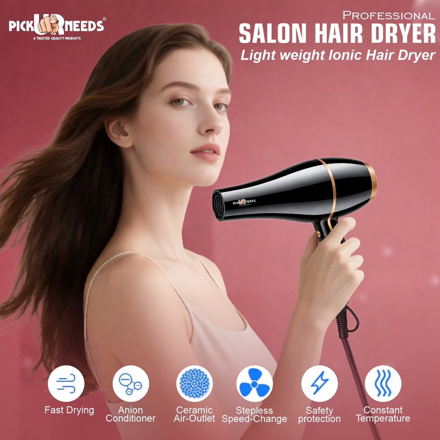 Pick Ur Needs Professional Hair Dryer 2000W Hot & Cold Air 2 Speed Settings Hair Styling Hair Dryer