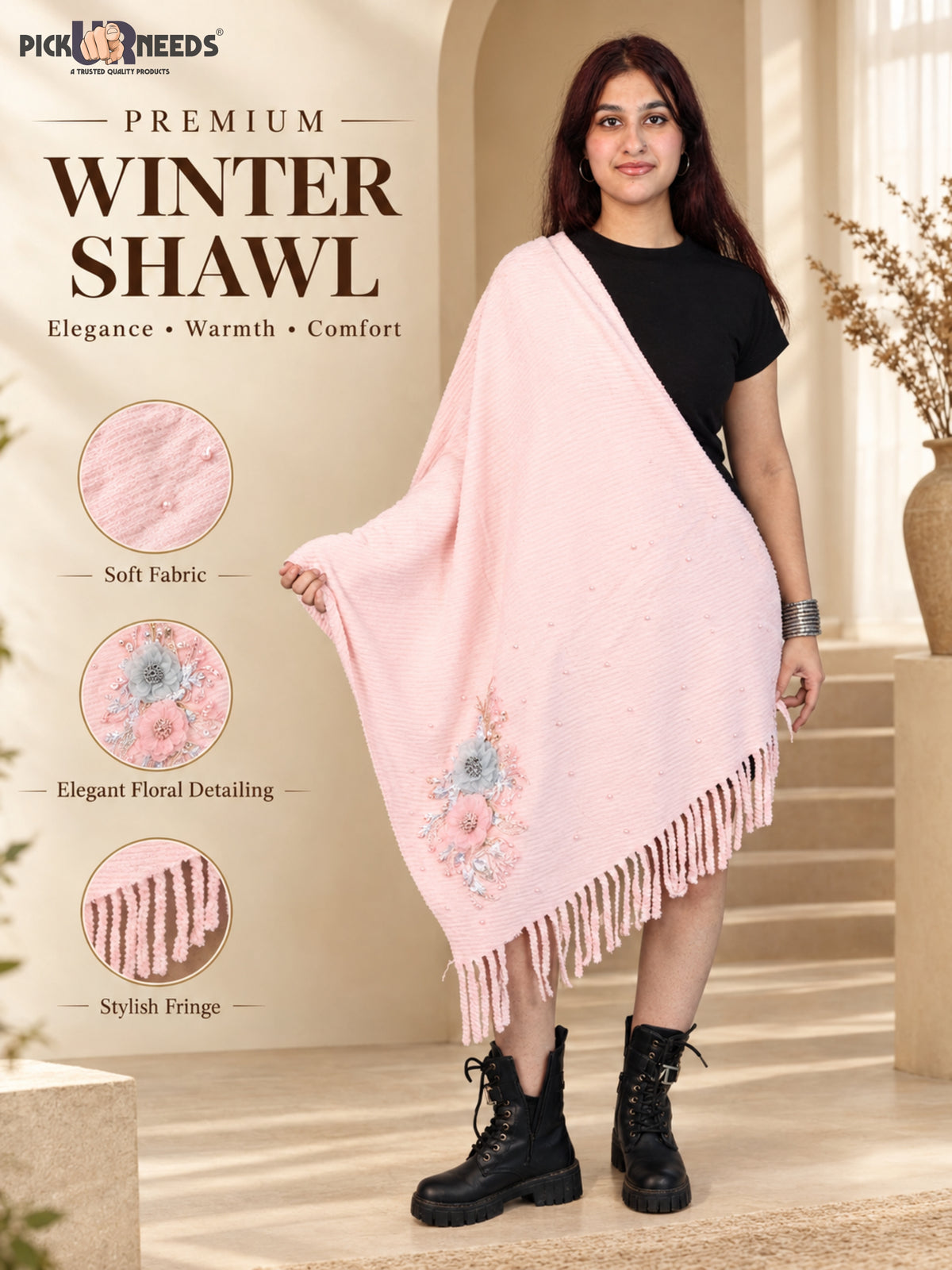Pick Ur Needs Premium Floral Embroidered Winter Shawl Stole Soft Warm Wrap with Pearl Embellishments & Fringed Border For Girls & Womens