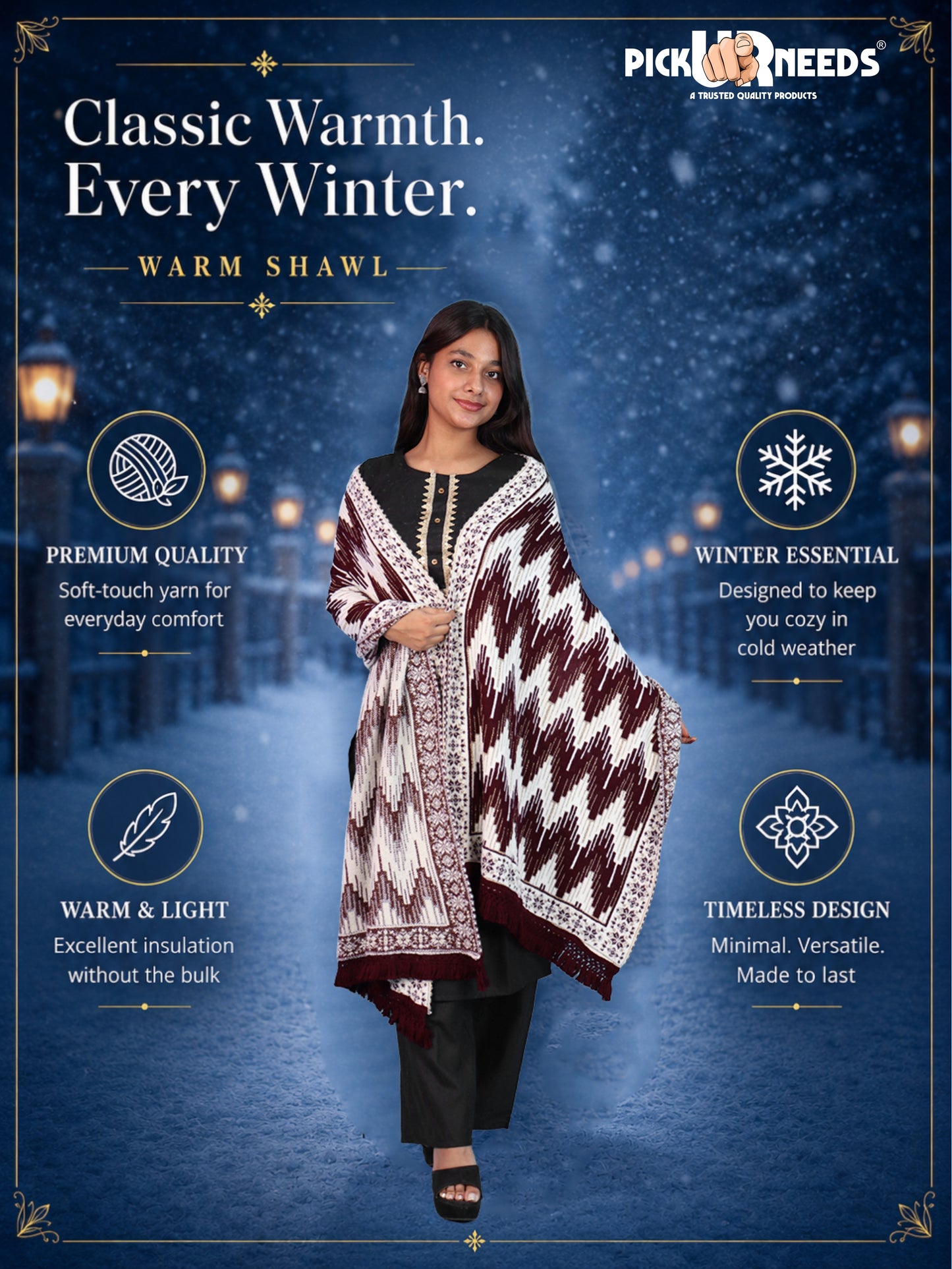 Pick Ur Needs Premium Wool Shawl For Womens & Girls Winter Muffler Soft Knitted Designer Wrap Warm Stole