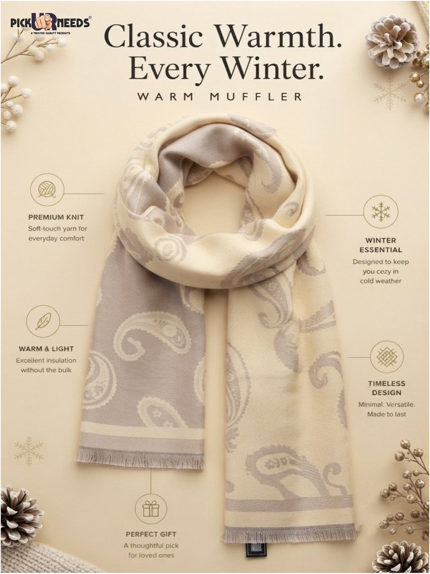 Pick Ur Needs Mens 2-in-1 Shawl & Stole, Elegant Paisley Print Winter Wrap, Lightweight Warm Shoulder Scarf for Boys, Stylish Reversible-Style
