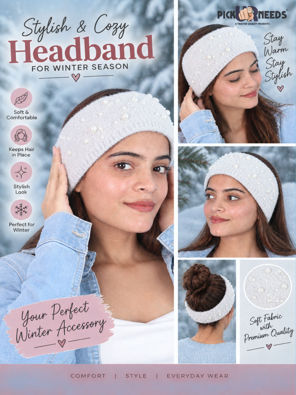 Pick Ur Needs Stylish & Cozy Pearl Embellished Winter Headband
