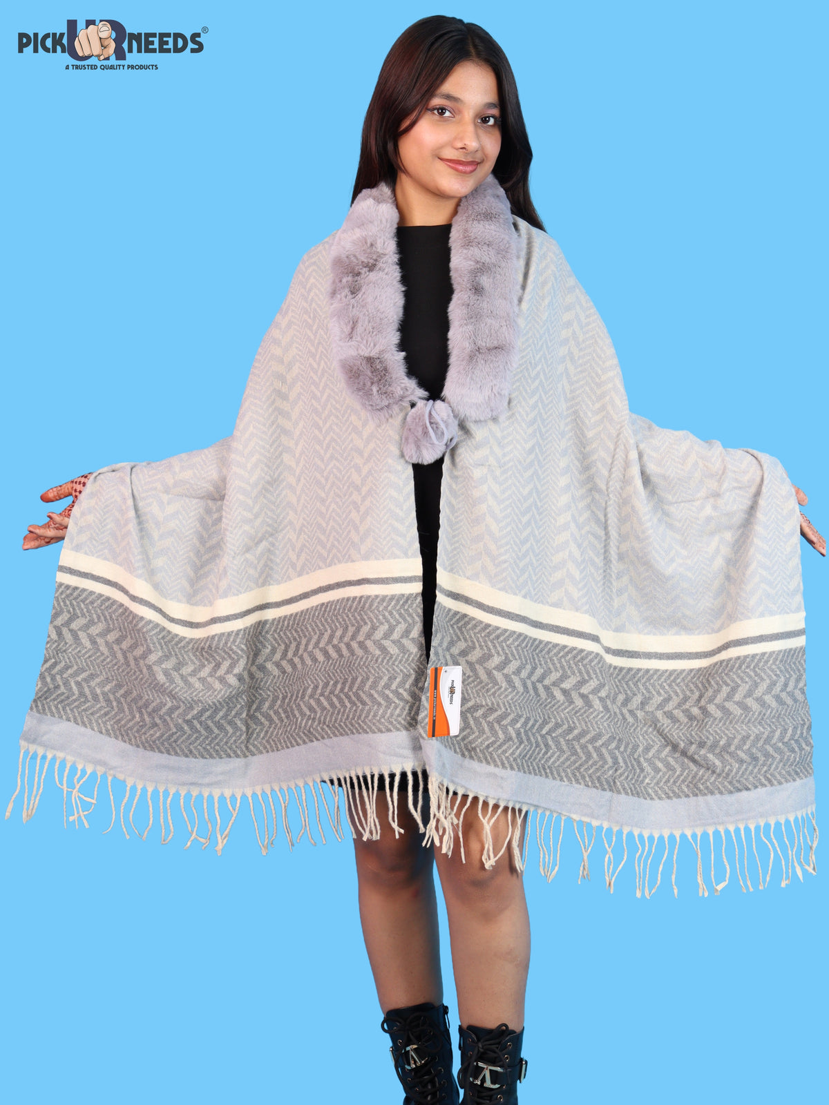 Pick Ur Needs Womens & Girls Designer Winter Shawl with Plush Fur Neckline & Patterned Border Soft Cozy Ladies Shoulder Wrap with Fringed Edges & Pom Pom Tassels