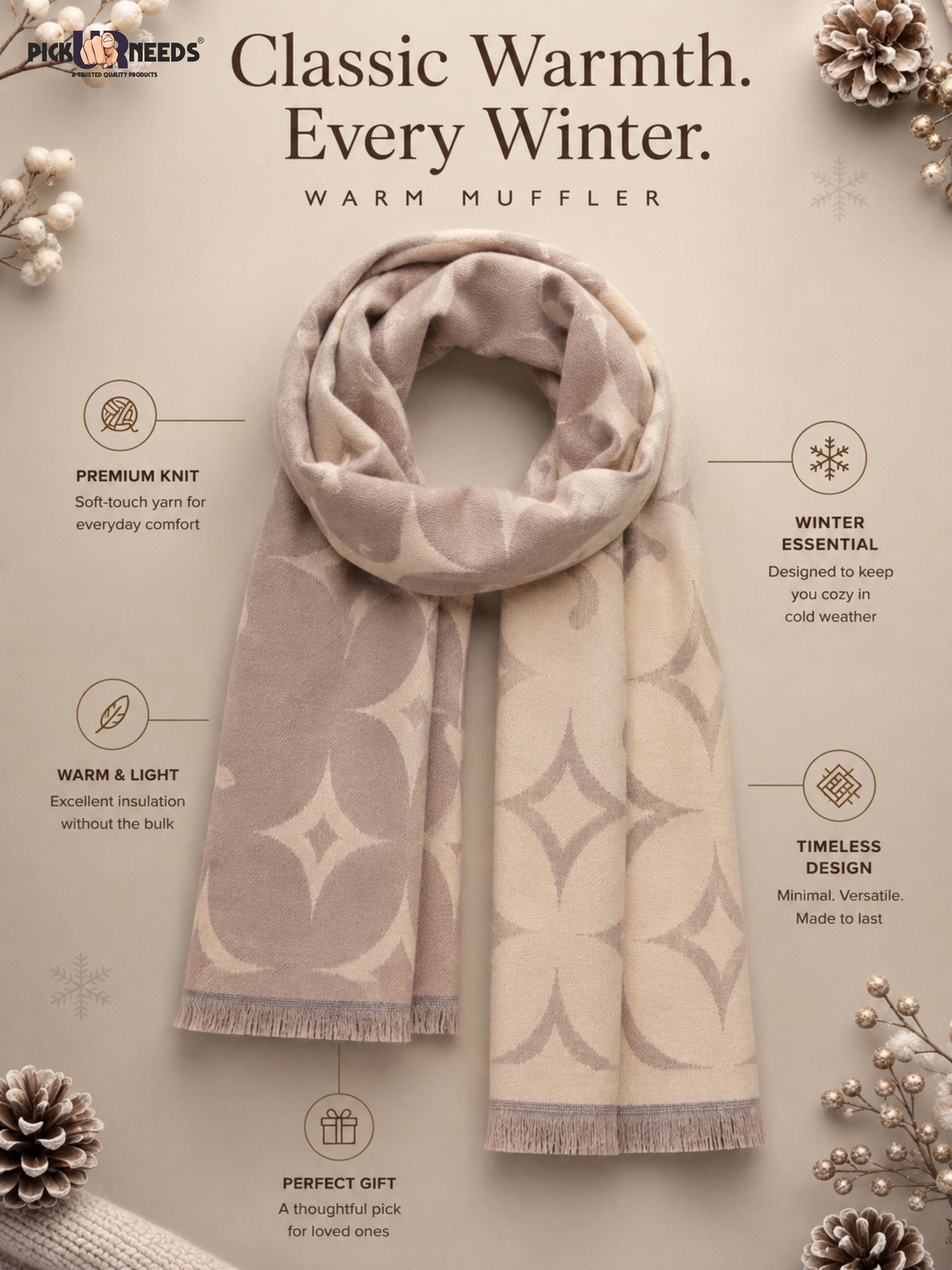 Pick Ur Needs Mens 2-in-1 Reversible Shawl Stylish Printed Winter Shawl for Boys Soft Warm Woolen Stole Premium Large Winter Wrap