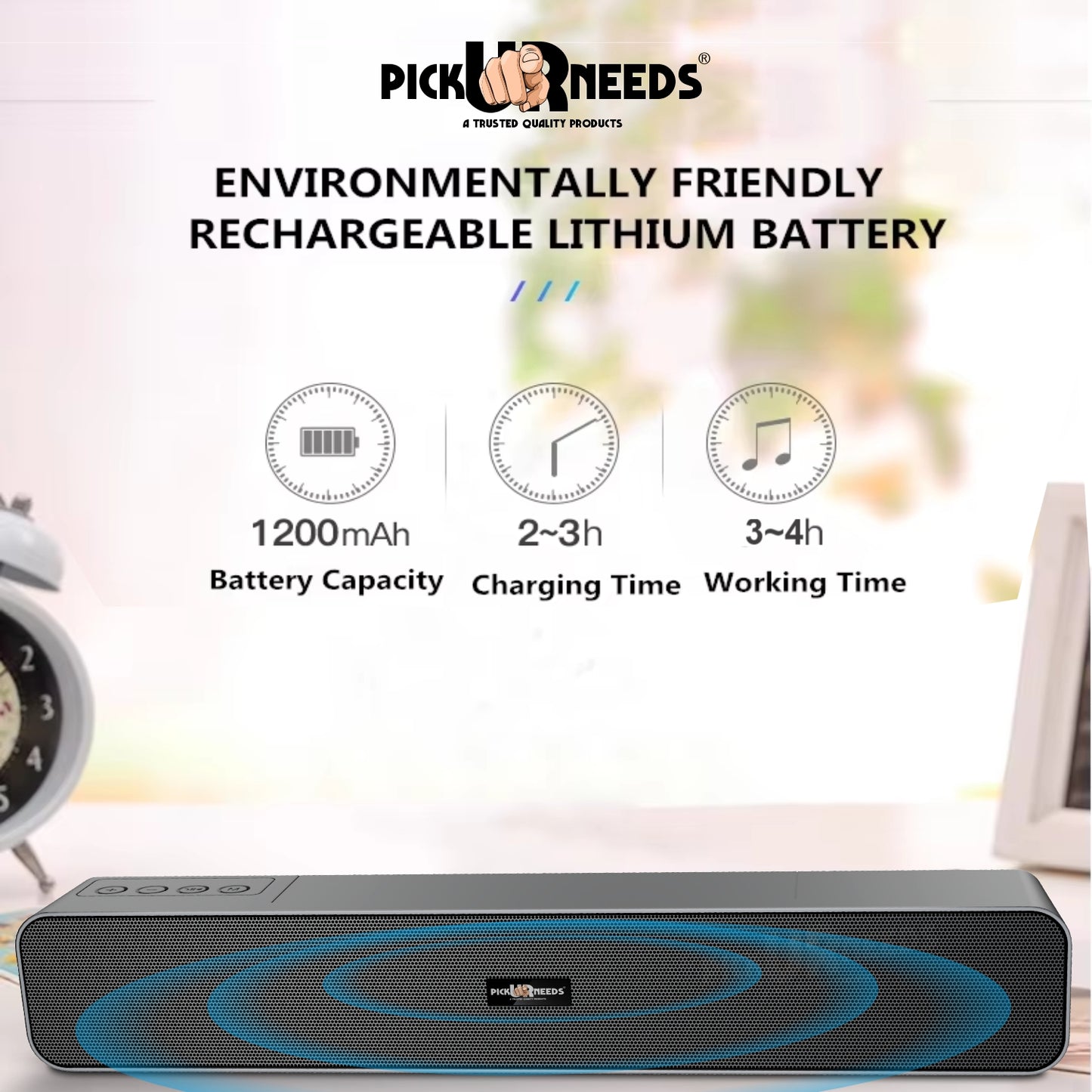 Pick Ur Needs 10W Portable Rechargeable Bluetooth Speaker with 1200mAh Battery – 4 Hours Playtime, Fm Radio/AUX/USB/TF Card Support, Wireless Soundbar