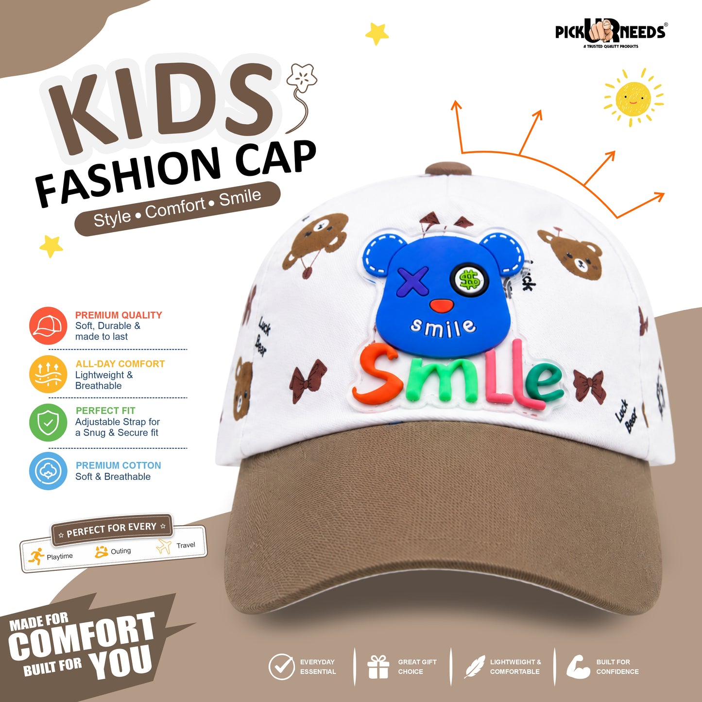Pick Ur Needs Cute Smile Bear Kids Baseball Cartoon Printed Adjustable Cap for Boys & Girls Lightweight Hat