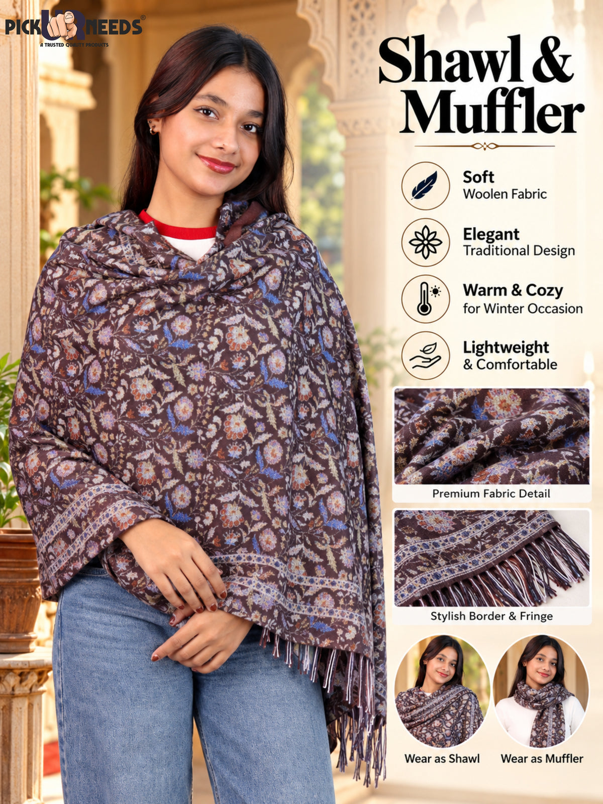 Pick Ur Needs Women & Girls Soft Woolen Shawl Elegant Floral Design Winter Neck Scarf with Decorative Border & Fringes