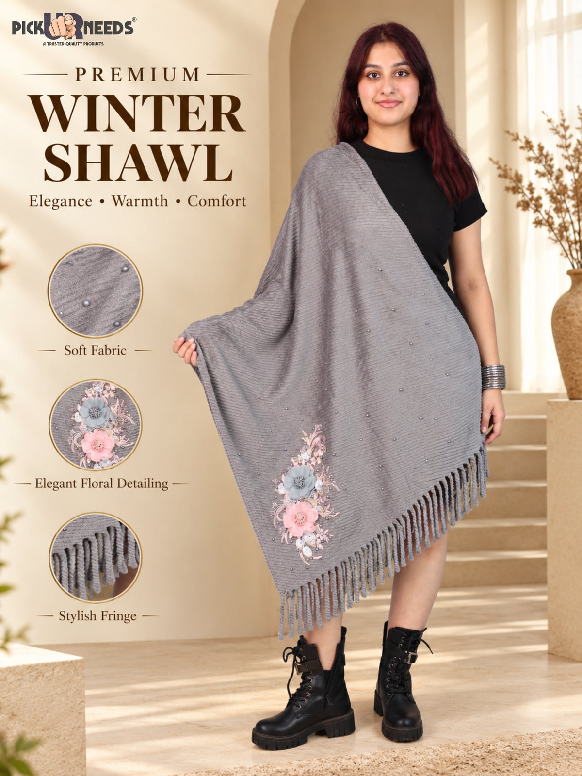 Pick Ur Needs Premium Floral Embroidered Winter Shawl Stole Soft Warm Wrap with Pearl Embellishments & Fringed Border For Girls & Womens