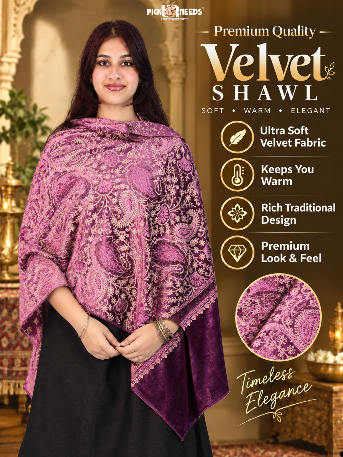 Pick Ur Needs Premium Winter Shawl for Women Ultra Soft & Cozy Warm Velvet Fabric with Rich Traditional Floral Design For Girls
