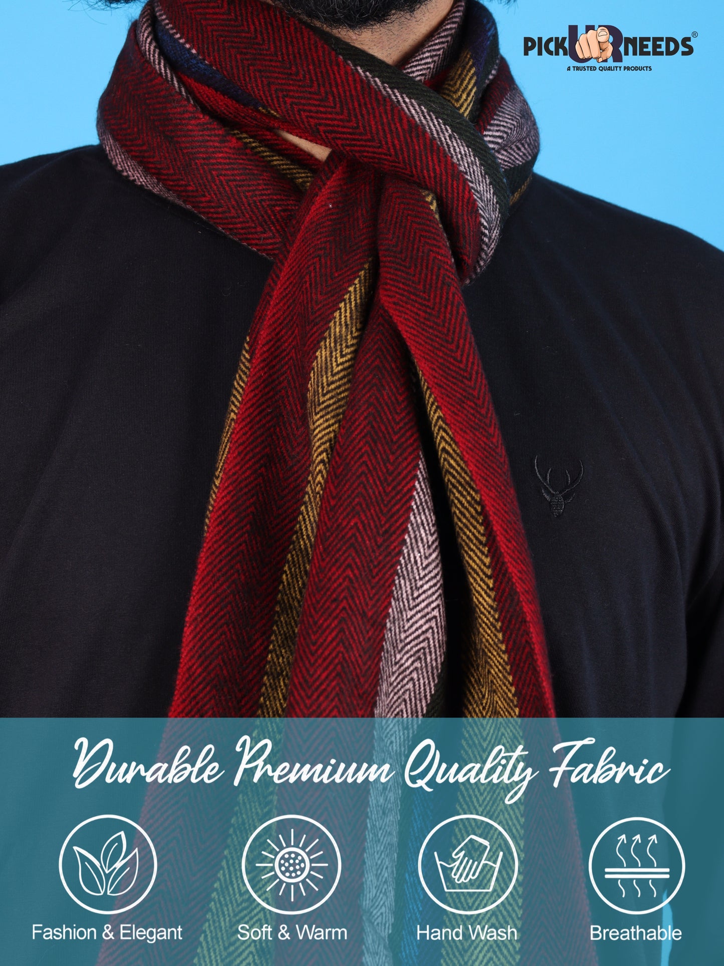 Pick Ur Needs Men's Muffler With Multi Color Strips Design Woolem Blend Fabric Stylish Tussles Ends Muffler For Men