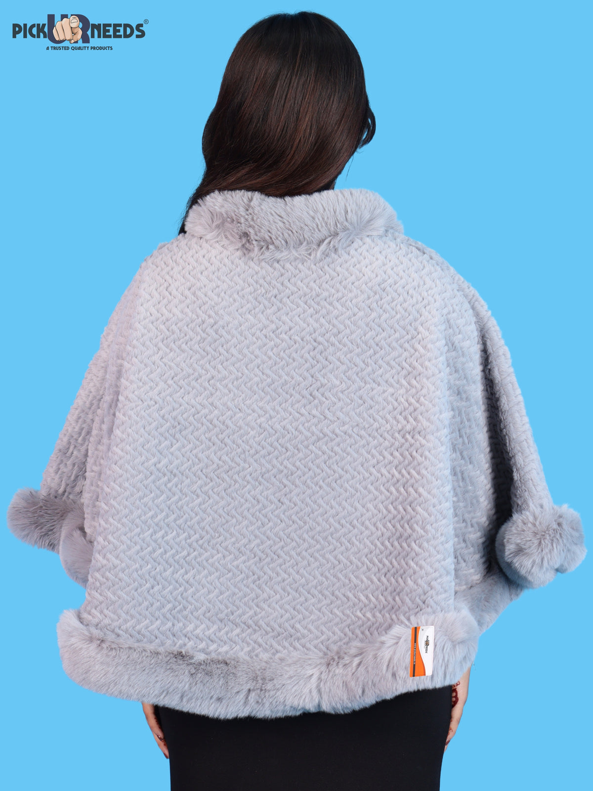 Pick Ur Needs Ladies Winter Shrug with Plush Fur Style Border & Pearl Bead Accents Textured Soft Fabric Open Front Cape Poncho with Wide Sleeves for Girls & Women