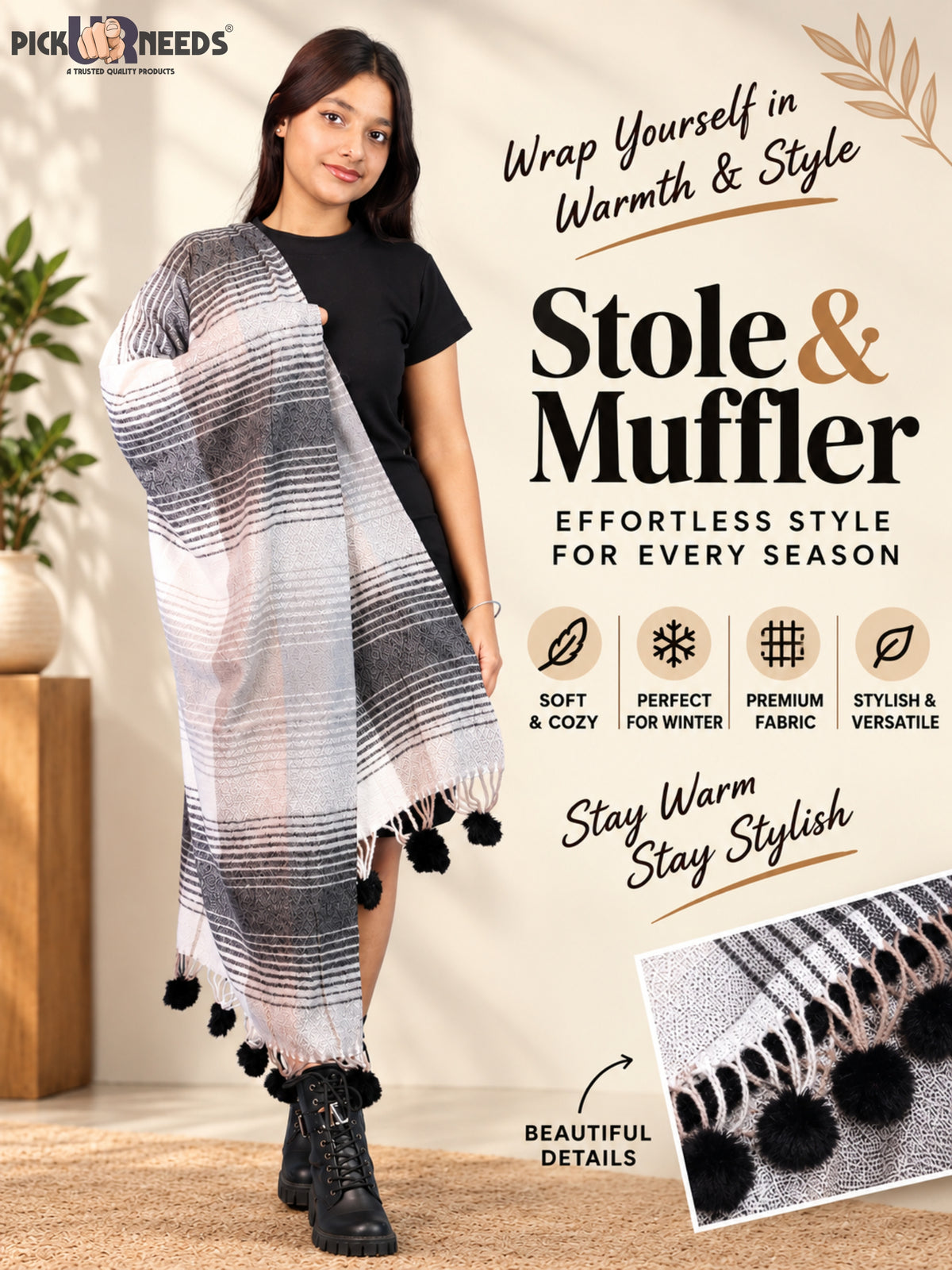 Pick Ur Needs Women & Girls Winter Shawl Soft Warm Striped Pattern Shawl with Tassel & Pom Pom Border Stylish Ladies Winter Wrap