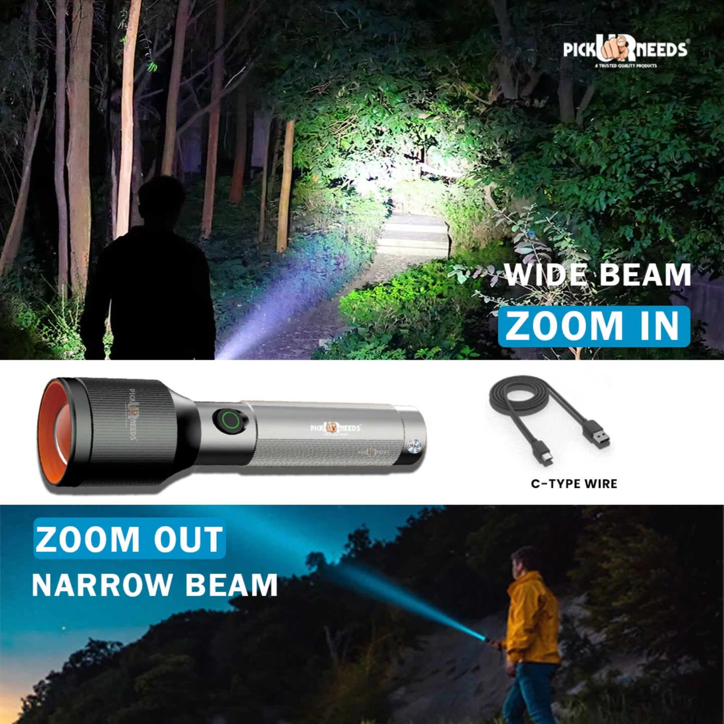 Pick Ur Needs Chargeable Aluminium Body Torch Adjustable Focus LED 100W Laser 2000mAh Battery 5 hrs Torch Emergency Light