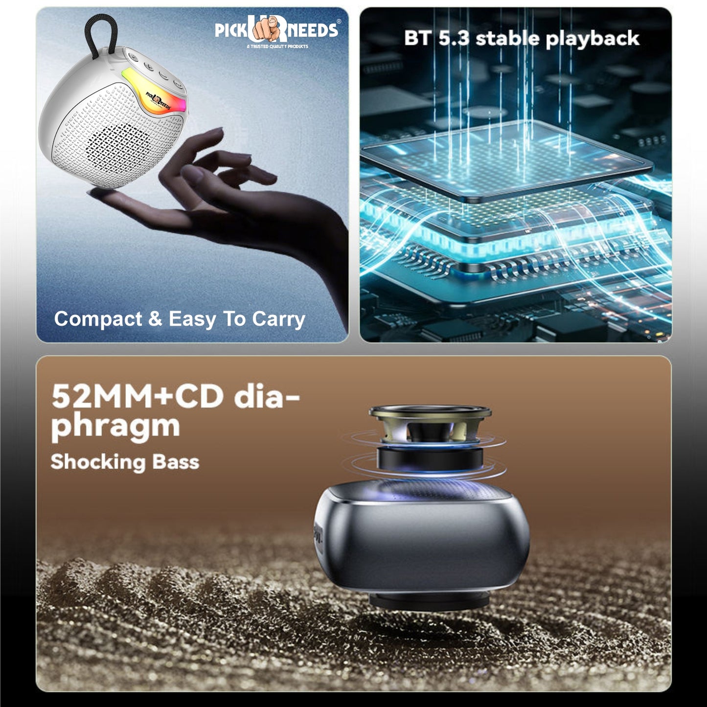 Pick Ur Needs 12W Portable Wireless Bluetooth Speaker with RGB Lights, 800mAh Battery, TWS, FM Radio, TF Card, USB 10m Wireless Transmission