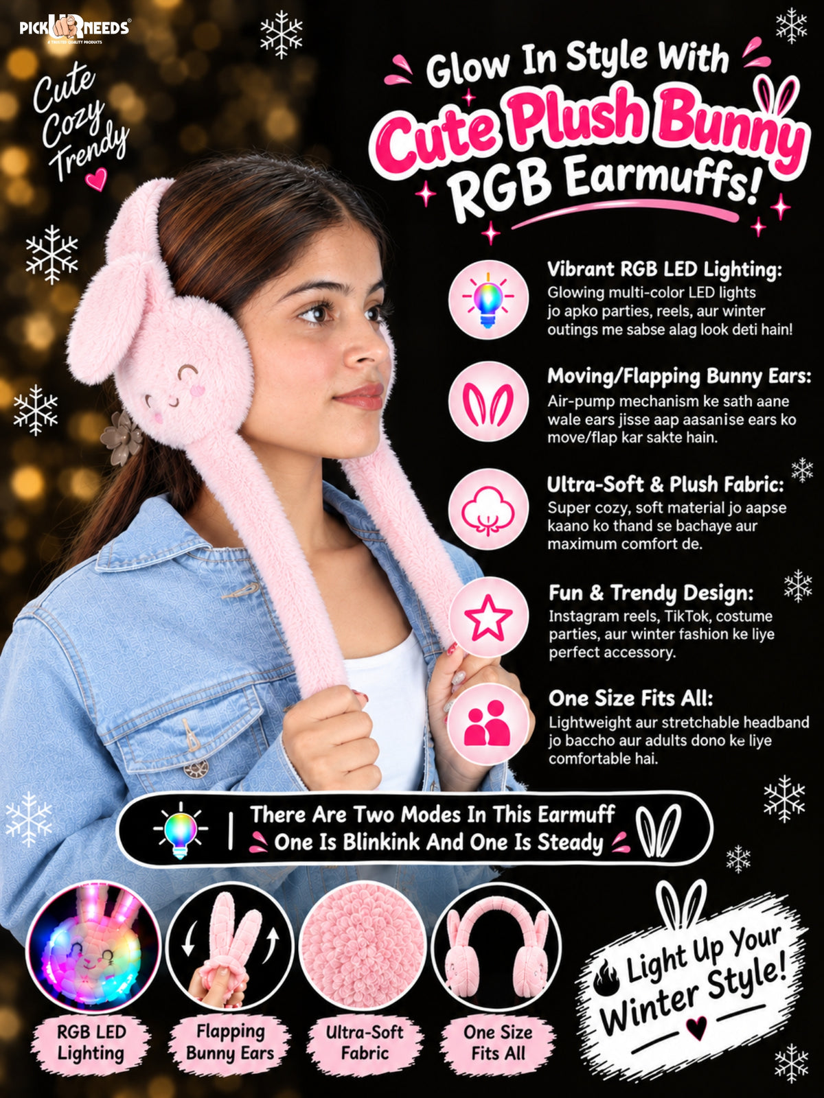 Pick Ur Needs Plush Bunny Cute Earmuffs for Girls & Women with RGB LED Lights,Ultra Soft Warm Winter Moving Flapping Ears Muffs
